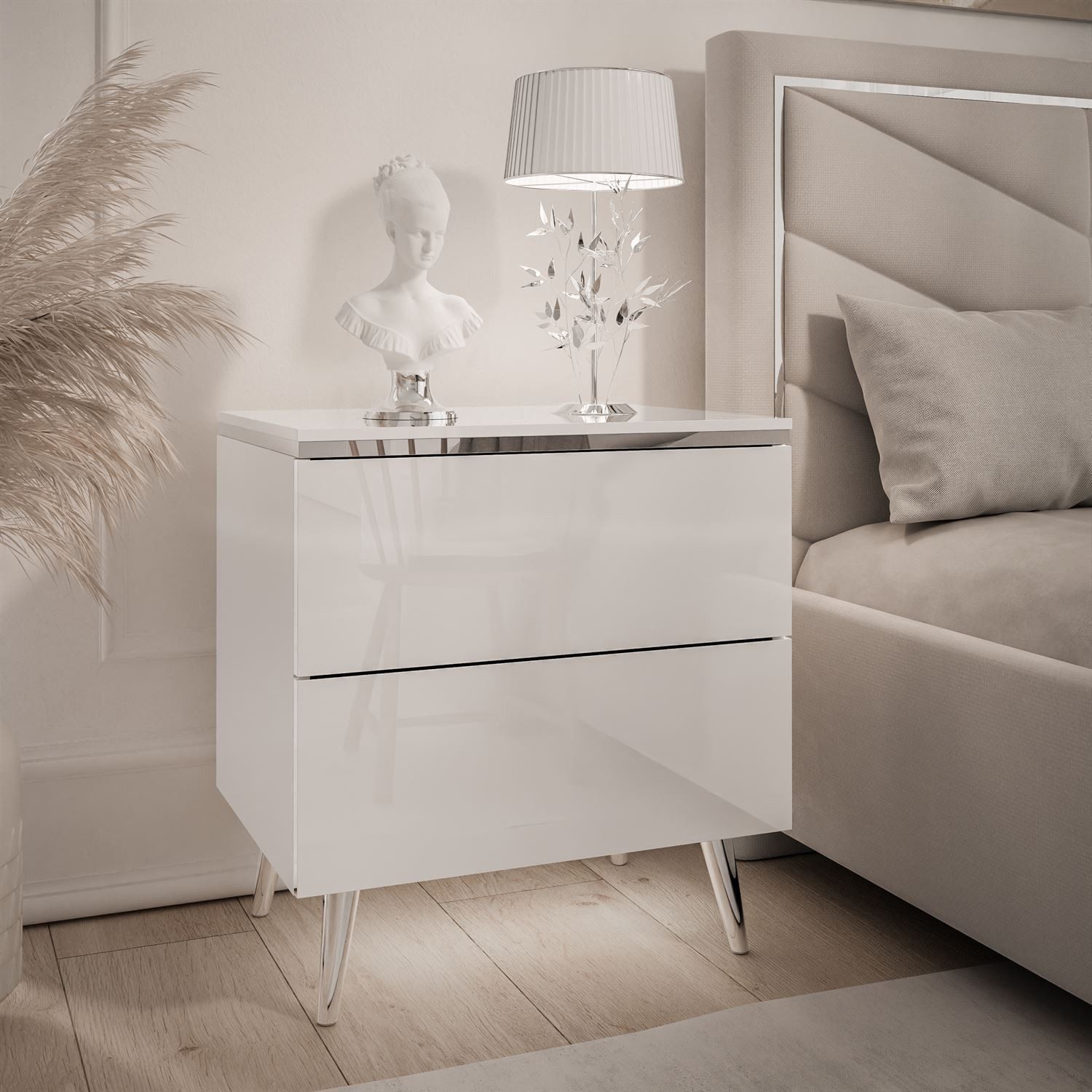 Lookway Nachttisch AURORA II SILVER mit LED‑Beleuchtung (1x Nachttisch), 50x48/53/54x37 cm – Bild 2 von 5