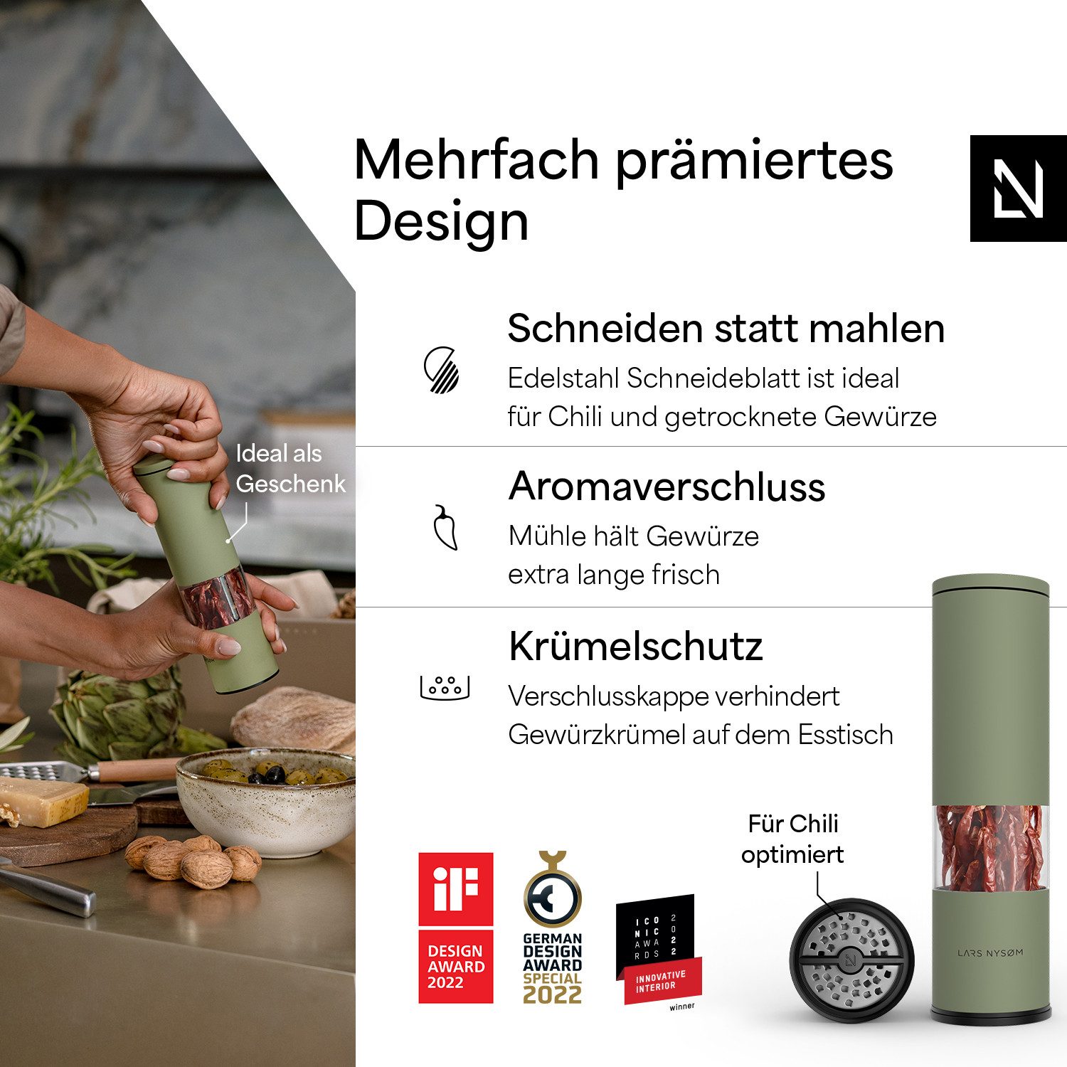 LARS NYSØM Gewürzmühle Lagom Chili, (1 Stück), hochwertiges Schneideblatt aus Edelstahl perfekt für Chili