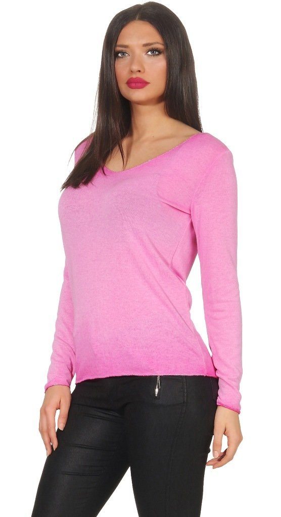 Mississhop Rundhalspullover Leichter Pulli Pink mit Strick Pullover 303 Wascheffekt Sweatshirt