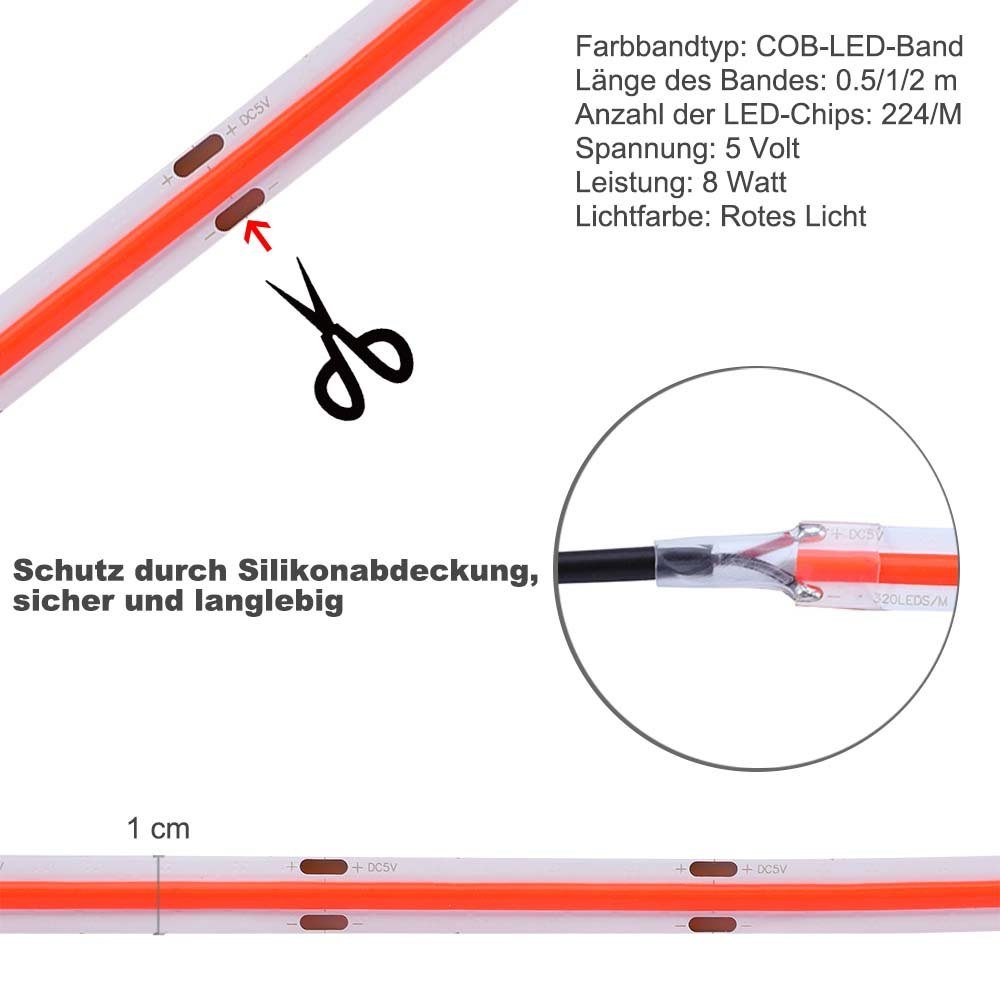 Rosnek LED-Streifen Biegbares Lichterkette USB, COB Leiste Lichtband 0,5/1/2M, Lichtstripe, 5V, LED Rot Stripe