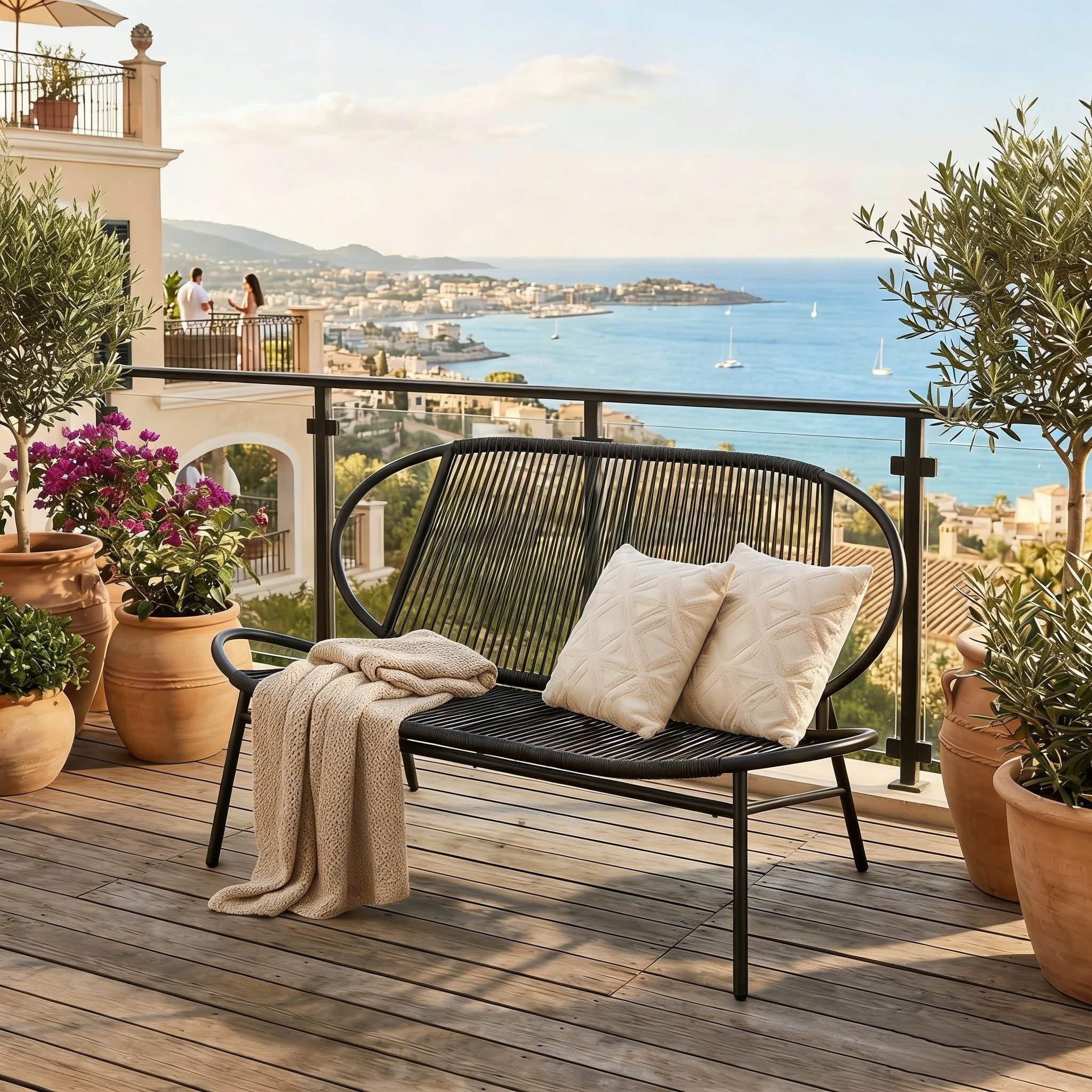 SONGMICS Balkonset, (1-tlg), Sitzbank, 2-Sitzer, Balkonbank, PE-Rattan, mit Rückenlehne