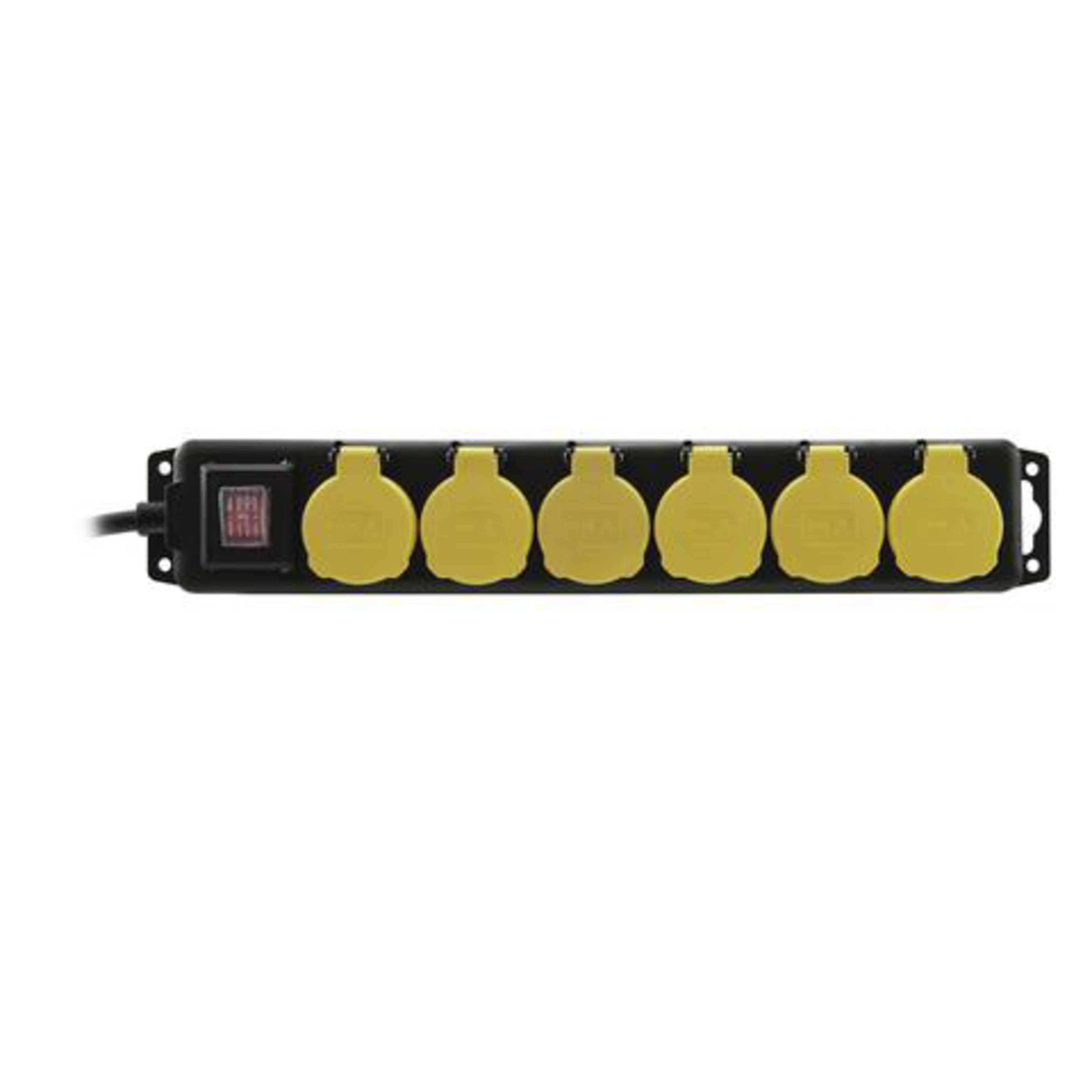 EUROLITE Steckdosenleiste (MS-ID, Nein; Kabel Querschnitt (mm), 3 x 1,5, 6; Kabellänge Range (m), LIG0012724-000; Hersteller, Nein; Schraub-Sicherung, 0; max. Last / Kanal (Ampère), 16; Sicherungsautomat, EUROLITE; Anschluss, Schuko; Einbaubuchse, Schukostecker; Ausgang, 0 - 5; Anzahl Sicherungen, Nein; Anzahl Ausgang 1), Steckdosenleiste 6-fach IP44 schwarz/gelb - Mehrfachsteckdosenleiste