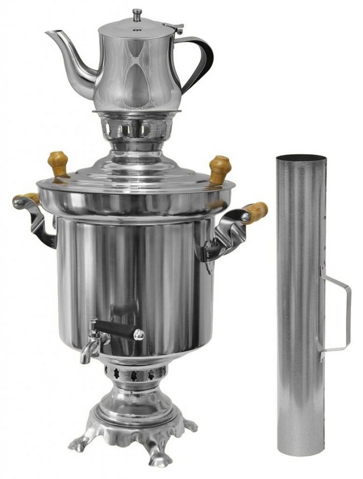 LeGro Profi Samowar Edelstahl Holzkohle Samowar 5Liter mit Schornstein + Optional Teekanne