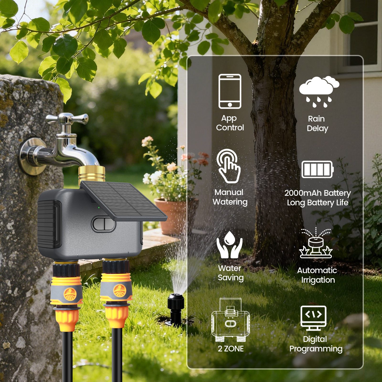 Blossom Bewässerungscomputer WLAN Smart Bewässerungssystem 2 Zonen mit App, Solar & USB-C, PX6, (automatische Gartenbewässerung, Regenverzögerung), Bewässerungstimer Garten für Rasenflächen und Innenhöfe