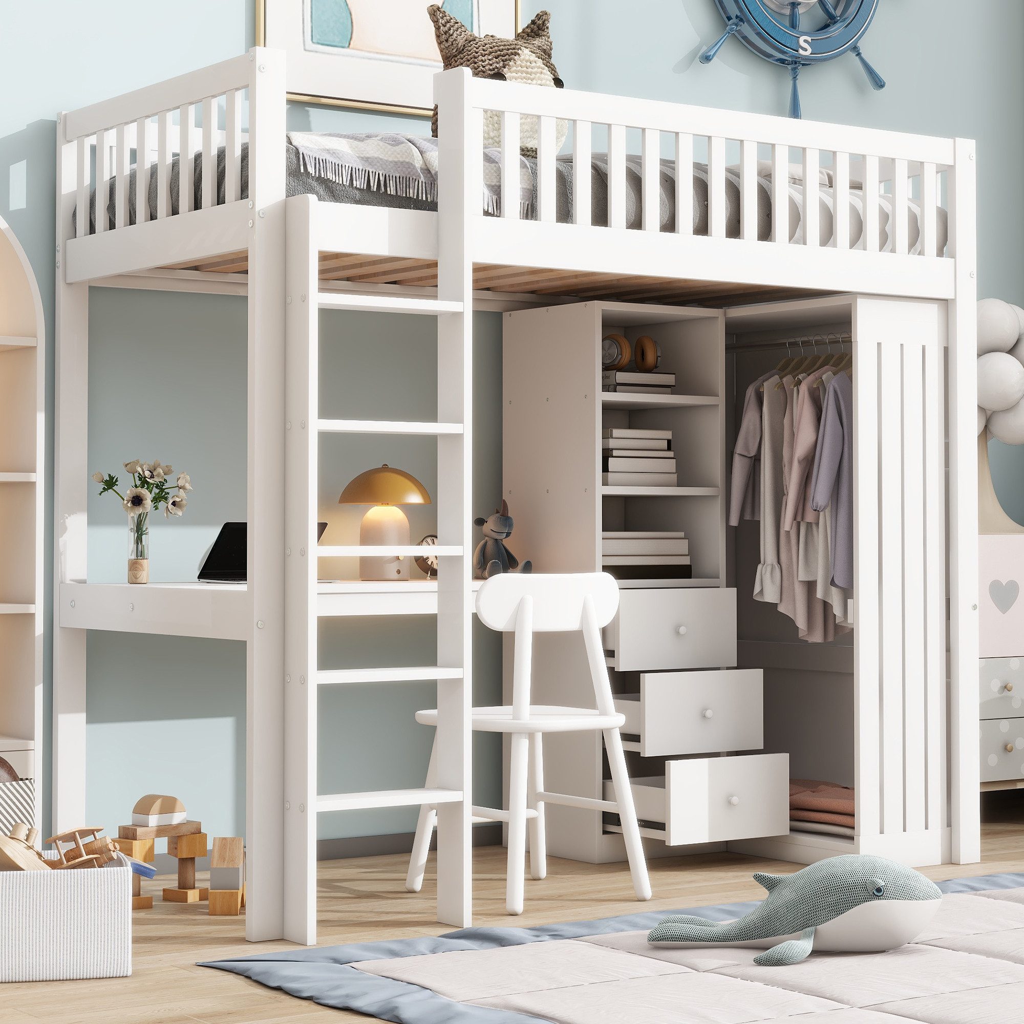 OKWISH Hochbett Funktionsbett,Einzelbett,Jugendbett,Kinderbett,Stauraumbett (Hochbett,mit Schreibtisch und Stauraum Inkl. Kleiderschrank, 3 Schubladen, Geländer und Treppe) ohne Matratze