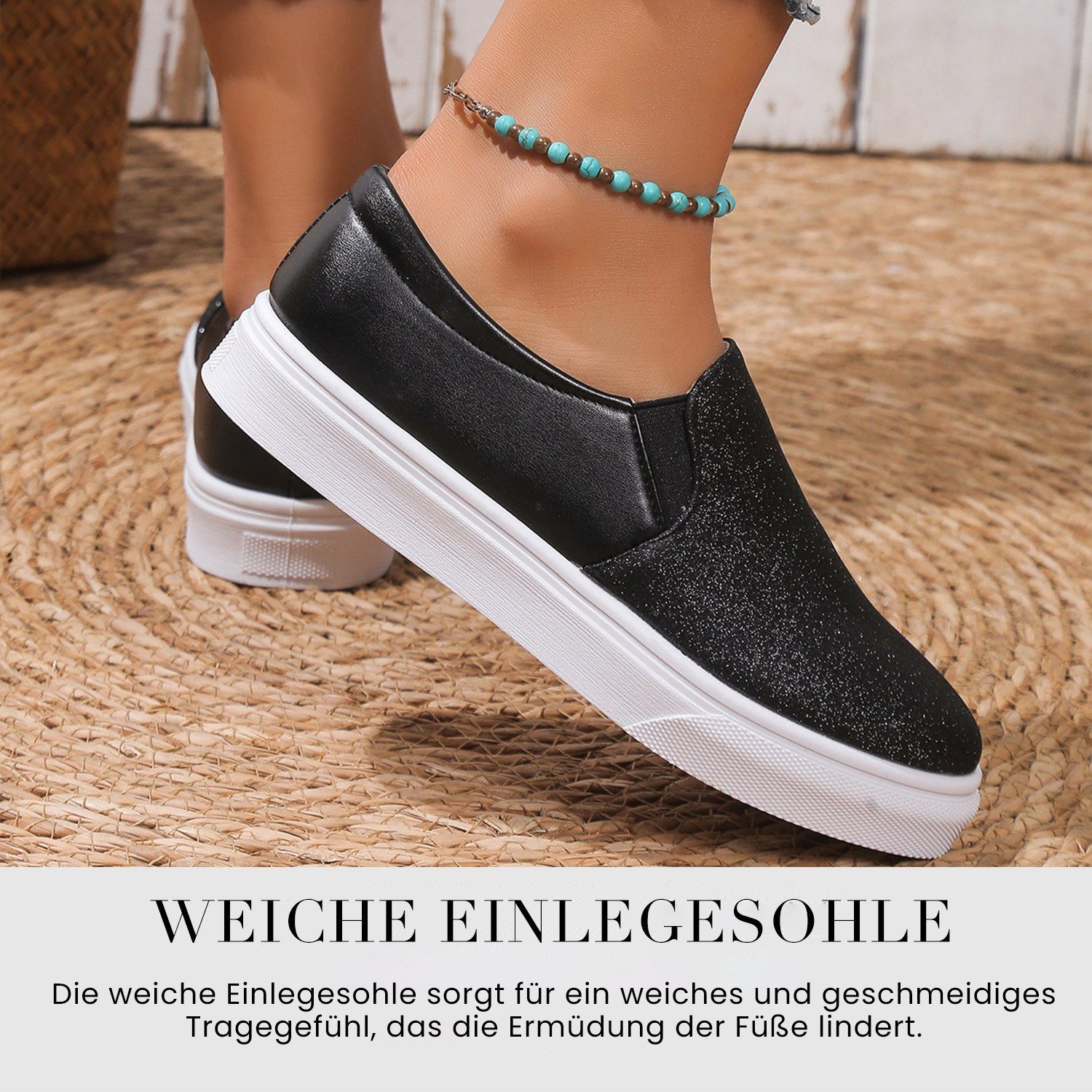 Daisred Damen Glitzer Schwarz Tennisschuhe Loafer Slip-On Sneaker Plattform