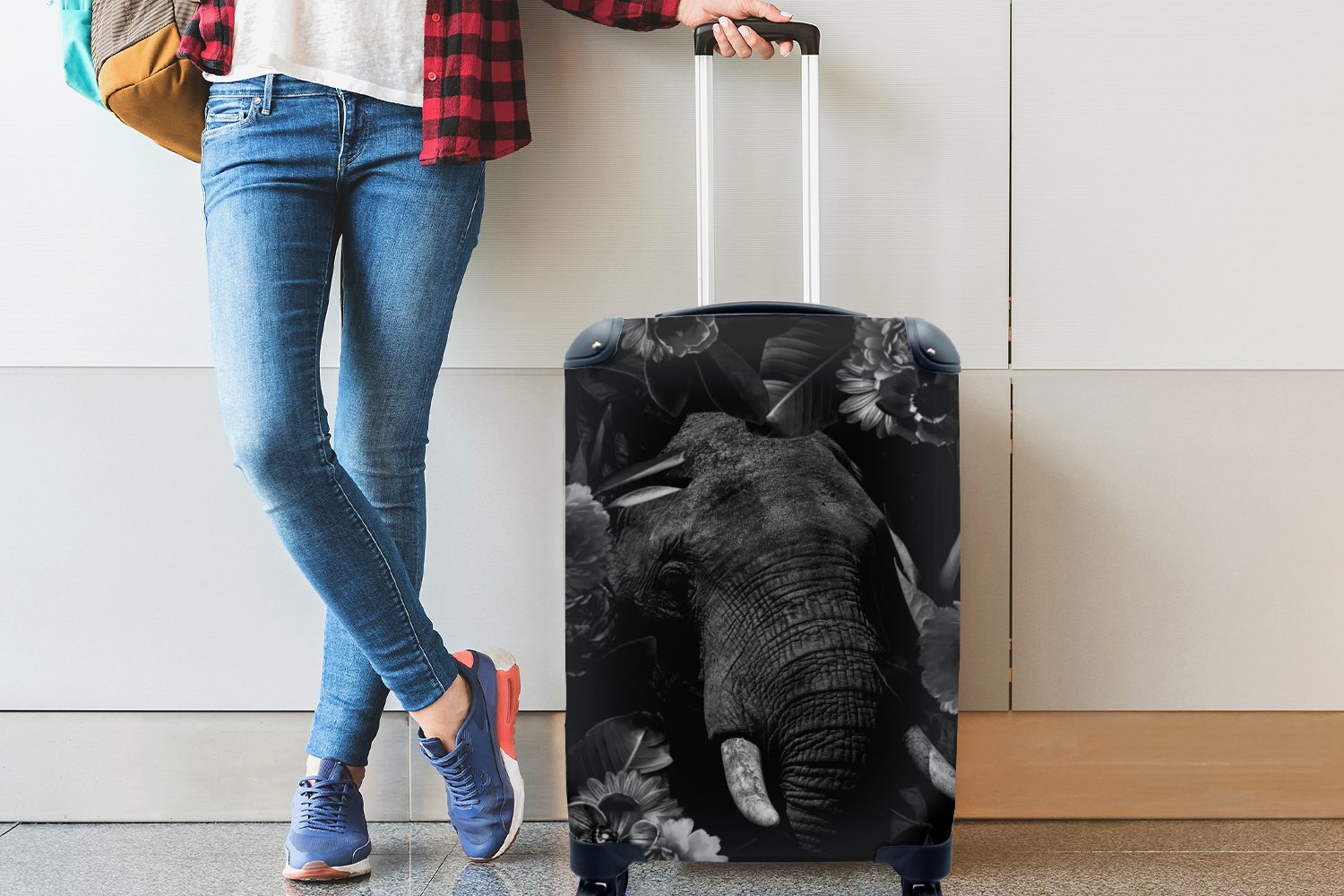 MuchoWow Handgepäckkoffer Botanischer Elefant rollen, für Hintergrund weiß, vor schwarzem schwarz Reisekoffer mit Reisetasche Rollen, 4 Handgepäck Trolley, - Ferien, und