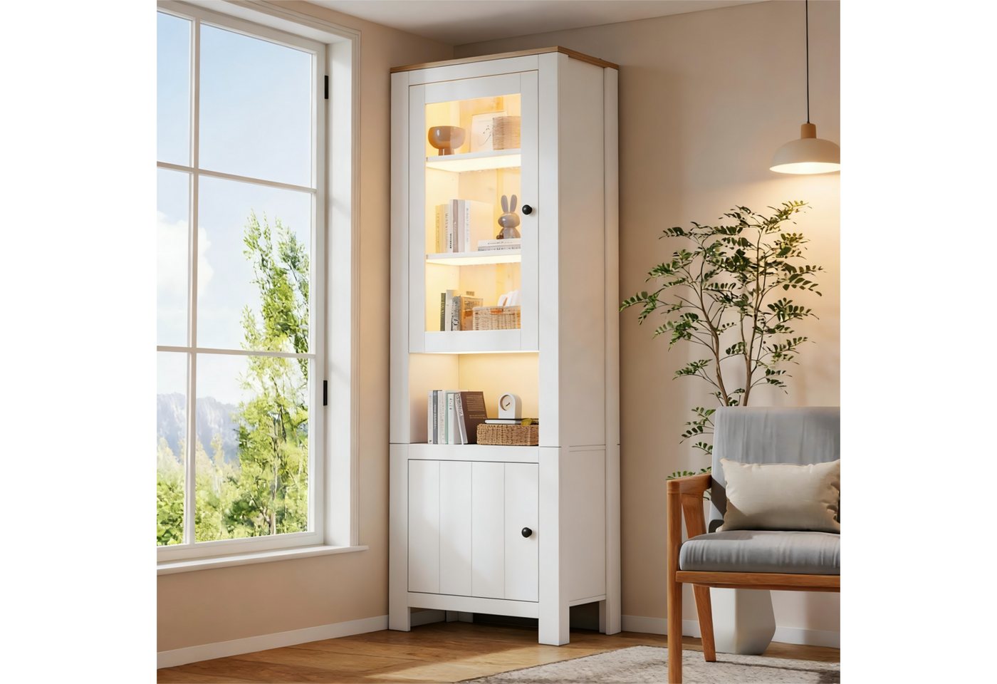 Merax Standvitrine Glasvitrine Hochschrank mit LED-Beleuchtung (1-St) Vitrine Wohnzimmerschrank mit 2 Türen und 6 Einlegeböden, 70x40x188cm