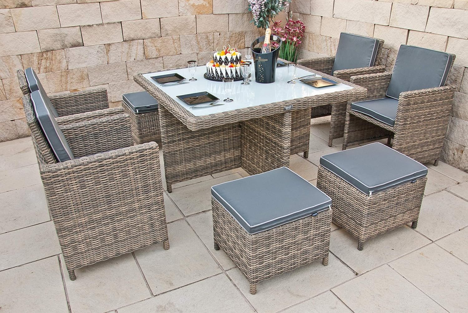 Ragnarök Möbel-Design Garten-Essgruppe Garten-Essgruppe Esstisch Set Heimdall 4+4, (Set, 4 vormontierte Sessel, 4 Hocker und 1 Tisch), Premium 4+4 Gartenmöbel-Set mit verschweißten Aluminiumgestellen