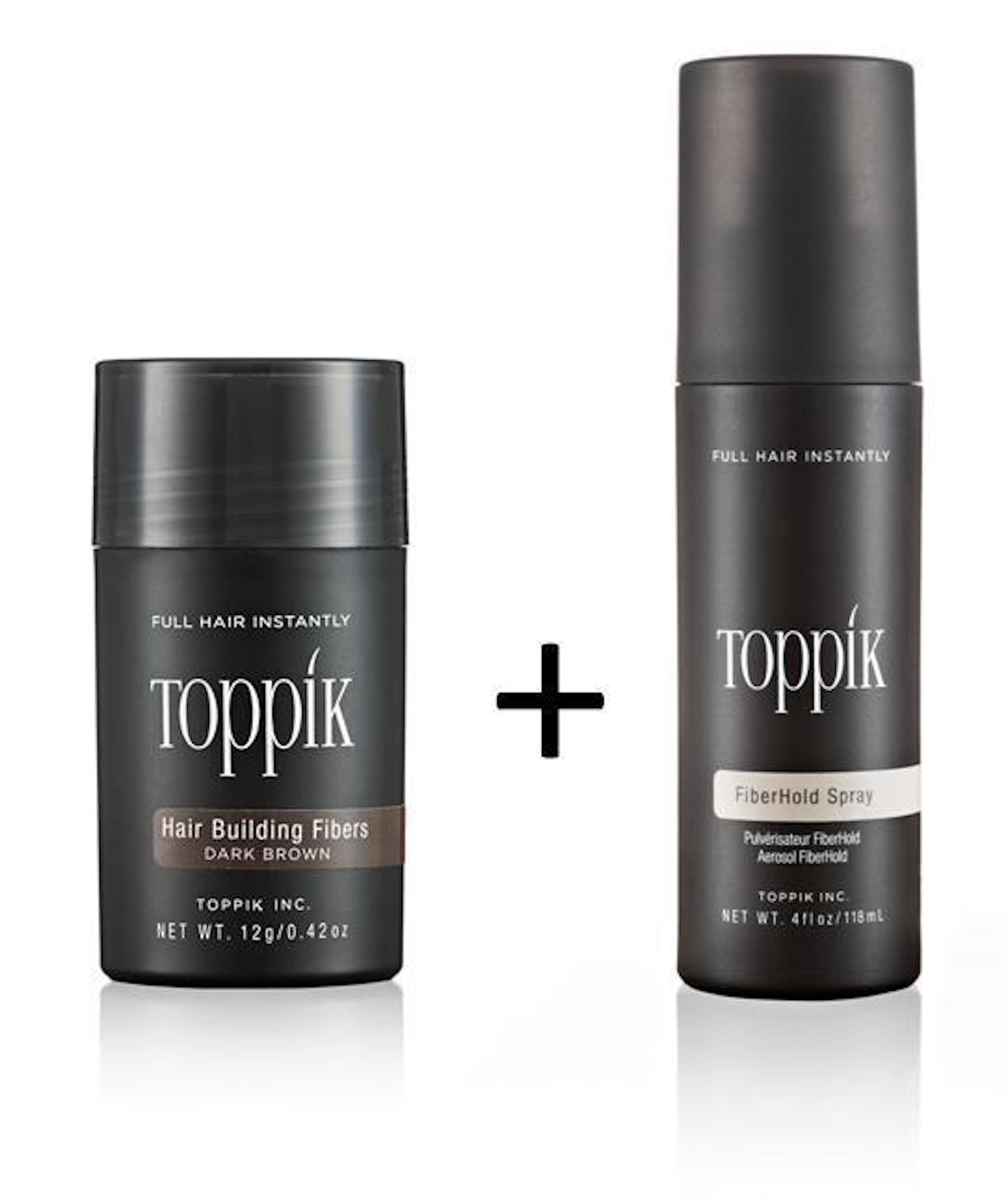 Haarstyling-Set Spar TOPPIK Haar Mittelbraun SET + Spray Haarfasern Fibers, Fixier Puder, 118ml. Set Hair Haarverdichtung Streuhaar, TOPPIK 12 g.