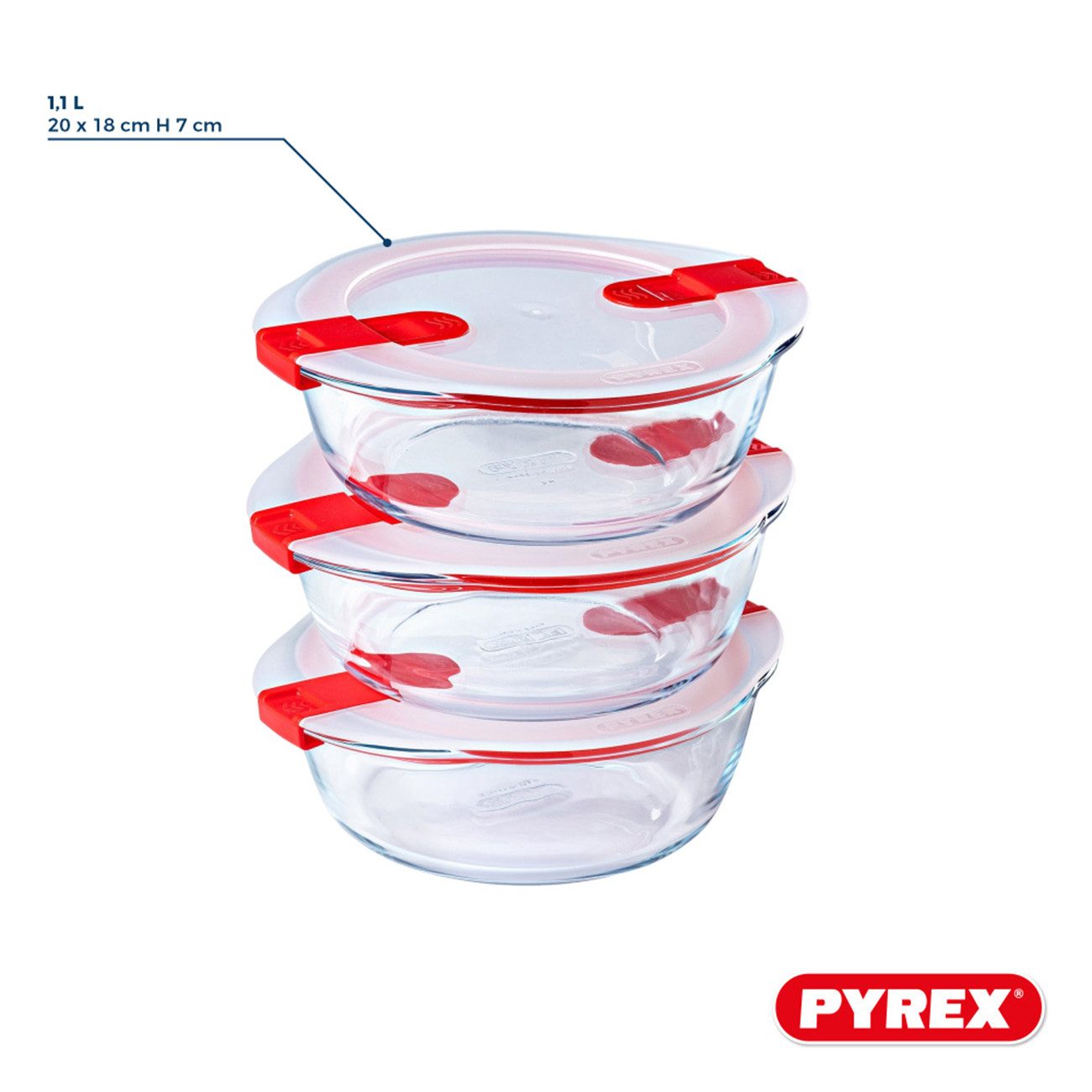 PYREX Frischhaltedose Cook & Heat, Borosilikatglas, (Lunchbox-Set, 3-tlg., rund, je 1 l), mit Ventil, auslaufsicher, mikrowellengeeignet