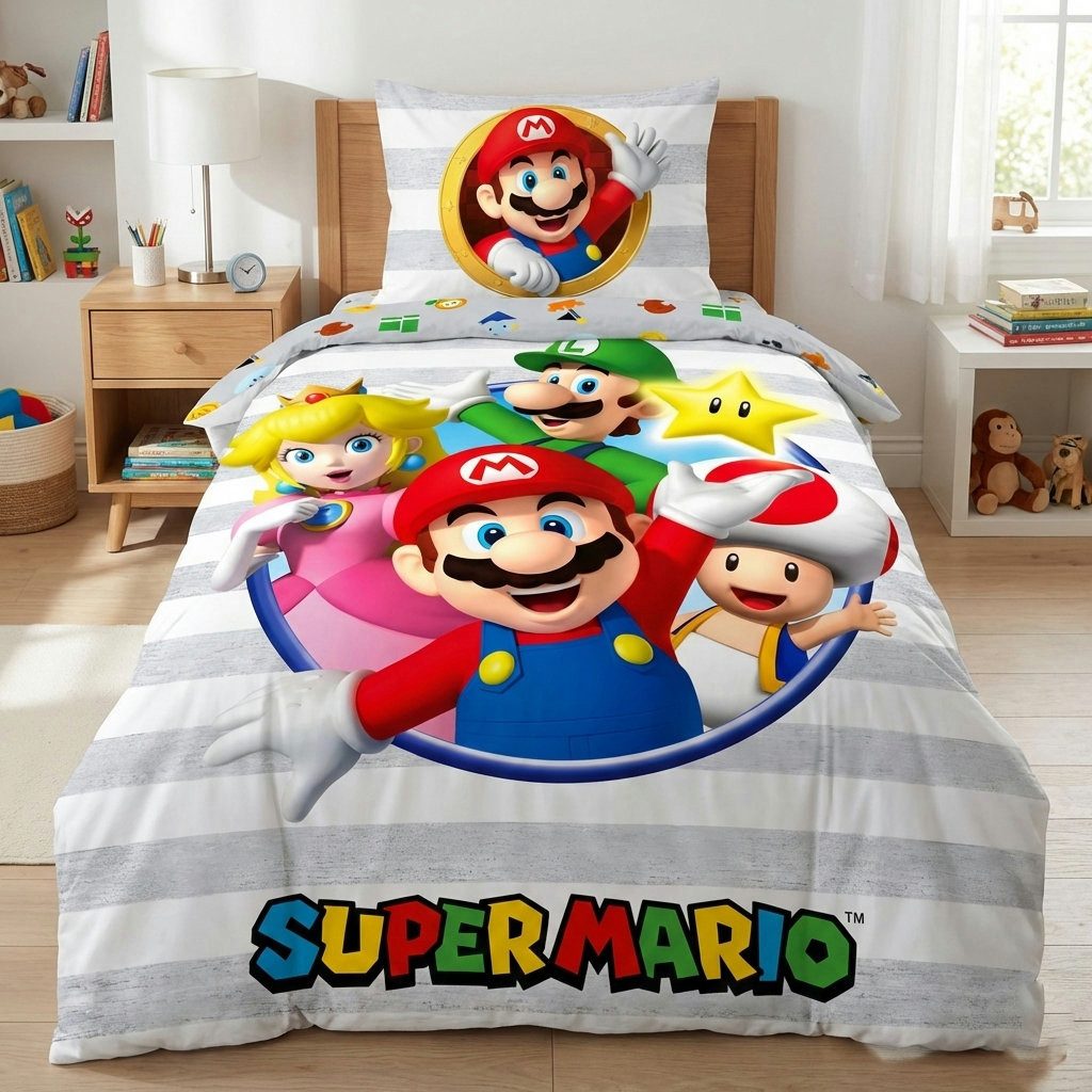 Super Mario Bettwäsche Super Mario Luigi Toady Peach Bettwäsche Set, 2 teilig, 135-140 x 200 Deckenbezug 60x70cm Kissenbezug