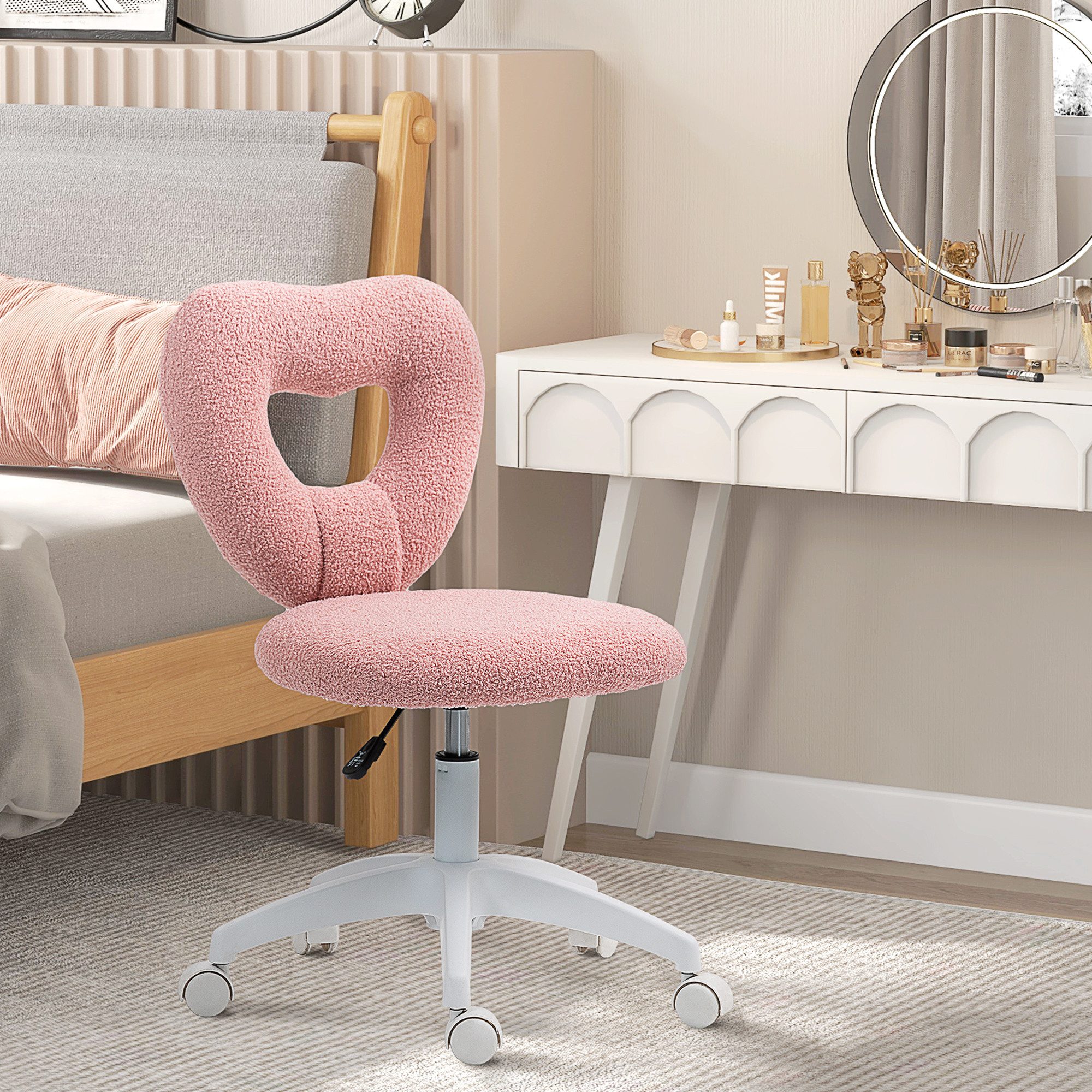 REDOM Bürostuhl Rosa, Teddy-Fleece, herzförmige Rückenlehne, höhenverstellbar (Drehbarer Bürostuhl ohne Armlehne für Homeoffice & Schminktisch, 1 St), Stilvoller Arbeitszimmerstuhl für gemütliche Arbeits- & Kosmetikecken