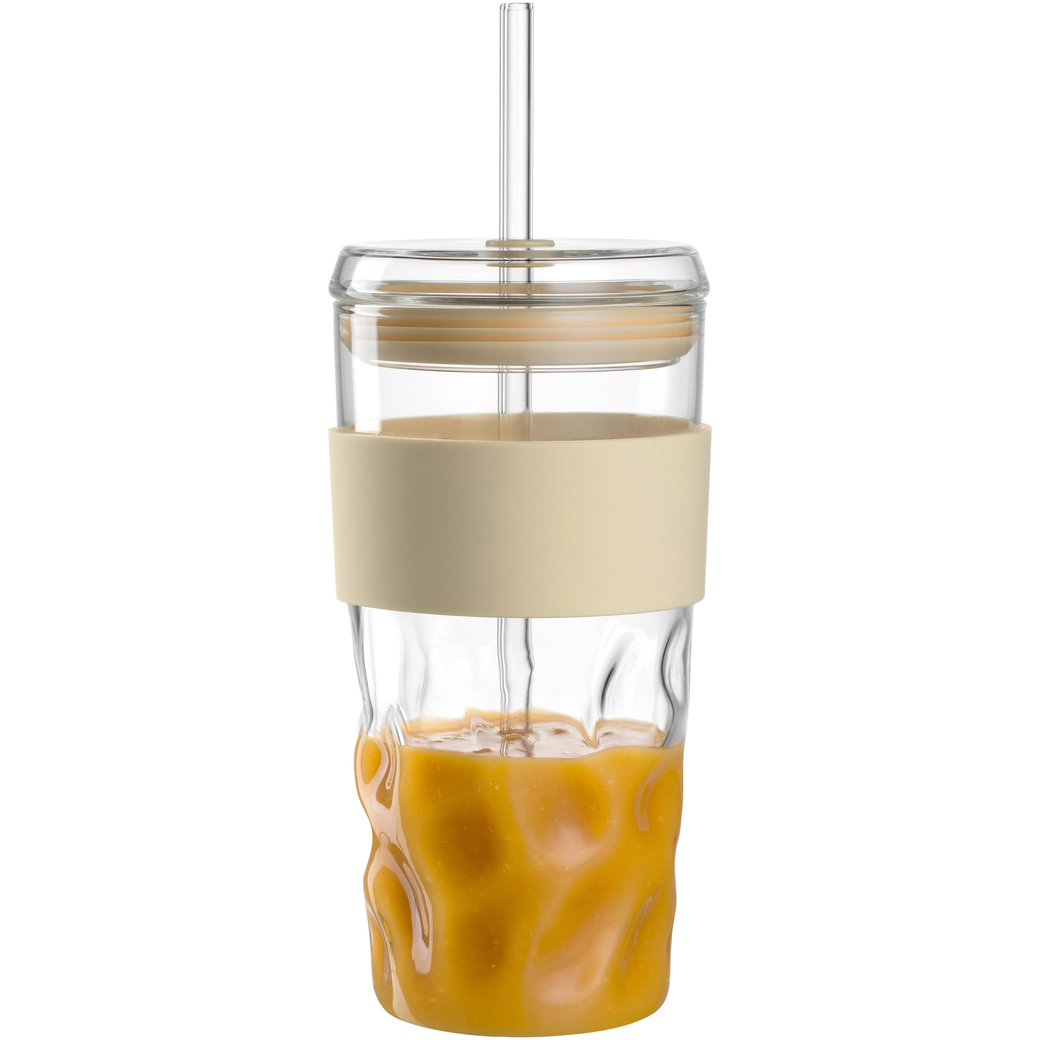 LEONARDO Coffee-to-go-Becher LEONARDO X MICHI VON WANT, Glas, Silikon, 500 ml, ToGo-Glas, Mulden-Griff, inkl. Trinkhalm, vanilla Silikonband