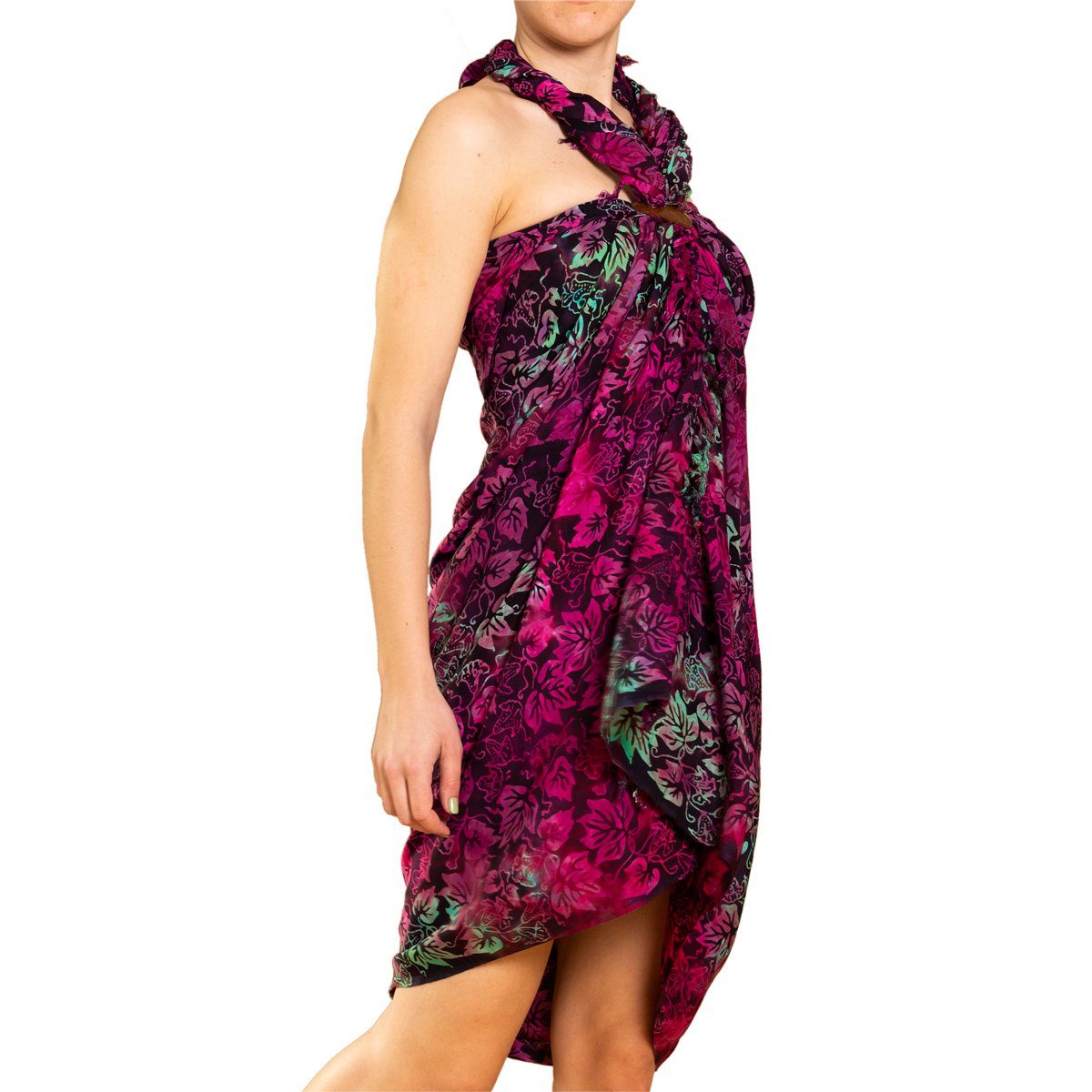 PANASIAM Pareo Sarong Wachsbatik Rottöne aus hochwertiger Viskose Strandtuch, Strandkleid Bikini Cover-up Tuch für den Strand Schultertuch Halstuch B600 purple leaf | Tücher