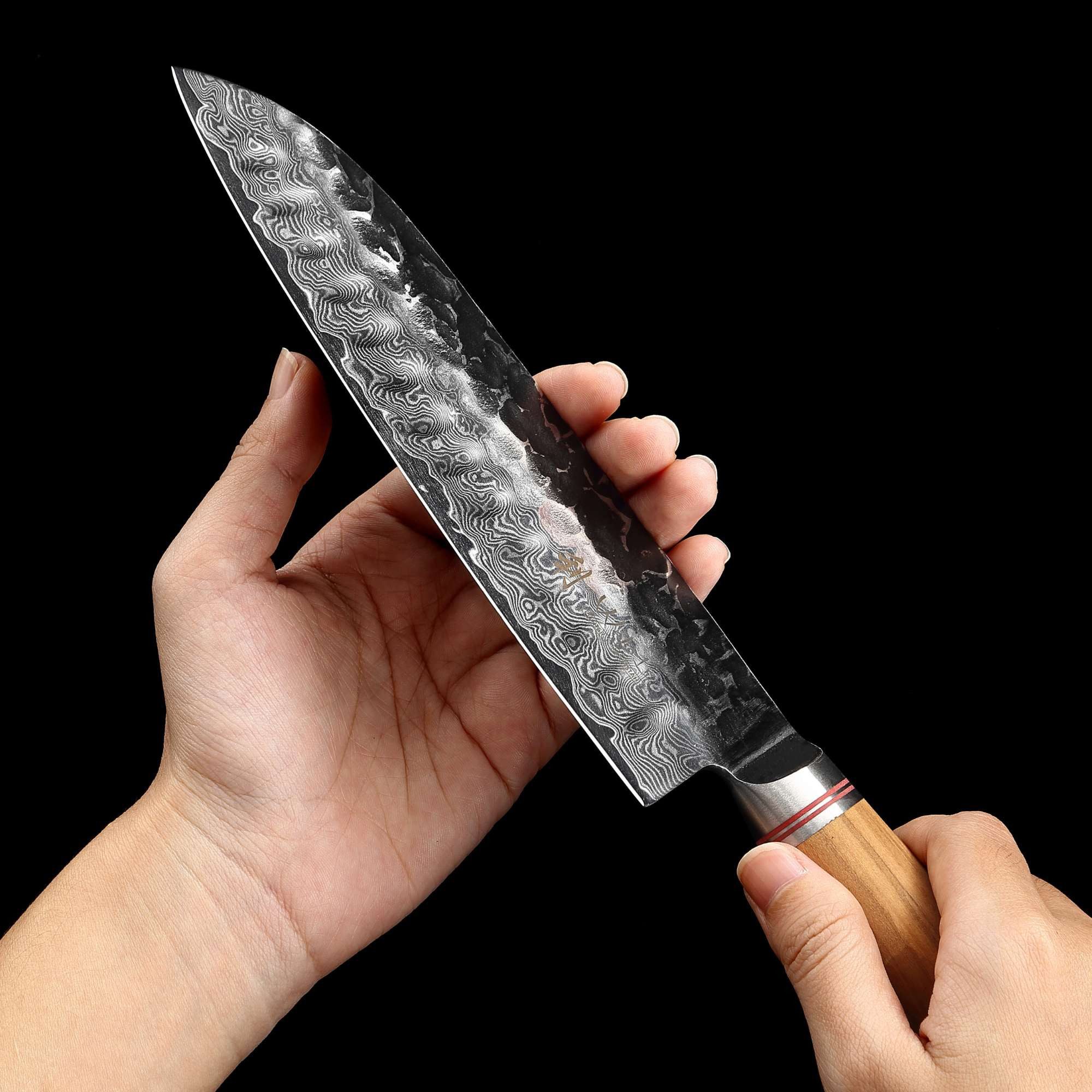 Wakoli Messer-Set 3er Damast Küchenmesser-Set Kochmesser 9 - 17 cm Klingen Hammerschlag (Damastmesser Set mit Holzbox, 3-tlg., 3er Damastmesser-Set), aus 67 Lagen Damaststahl, VG10