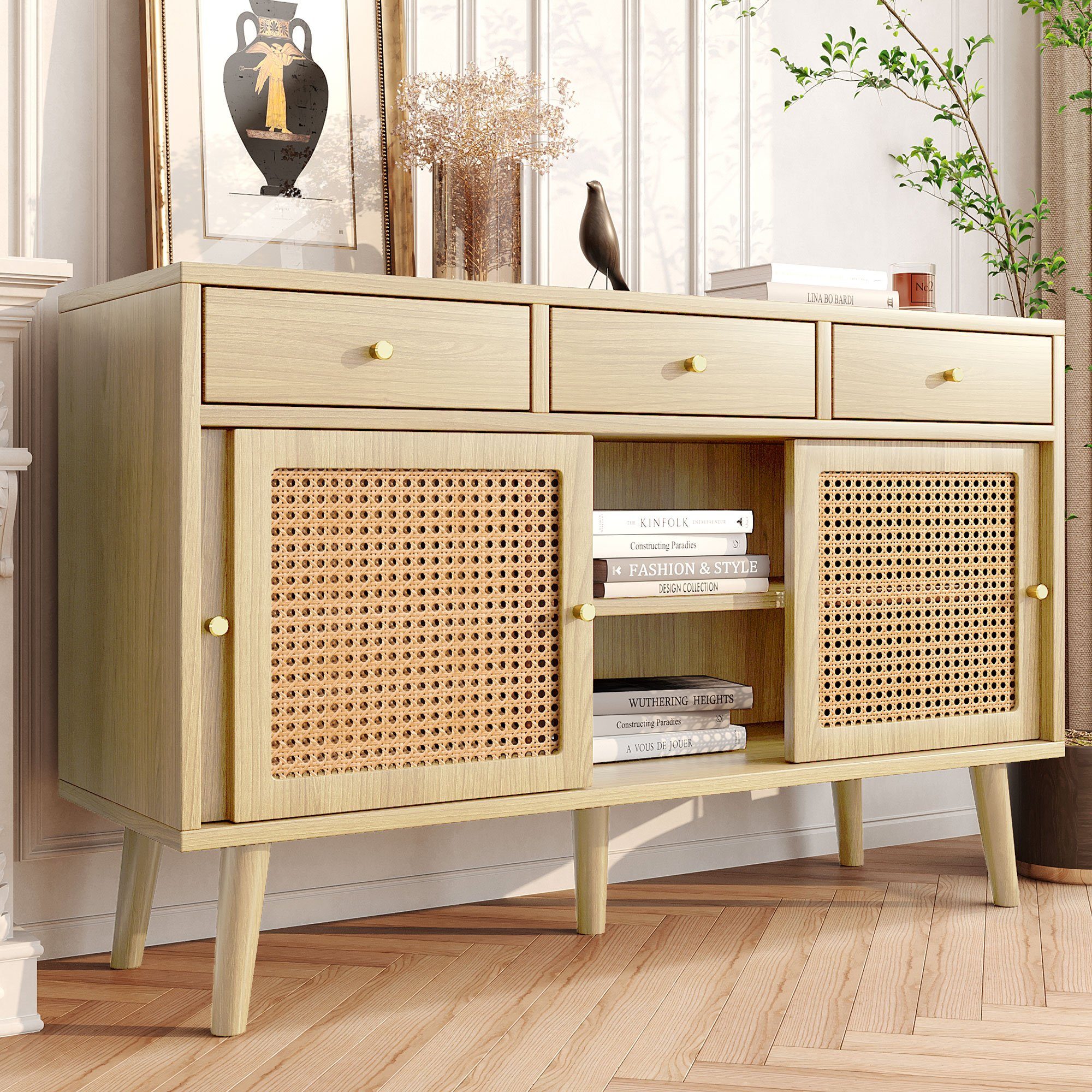 Flieks Kommode mit 3 Schubladen und Schiebetüren aus Rattangeflech (mit verstellbaren Einlegeböden, 1 St., 120x40x78 cm), Mehrzweckschrank Sideboard Eichenfarbe, Massivholzbeine