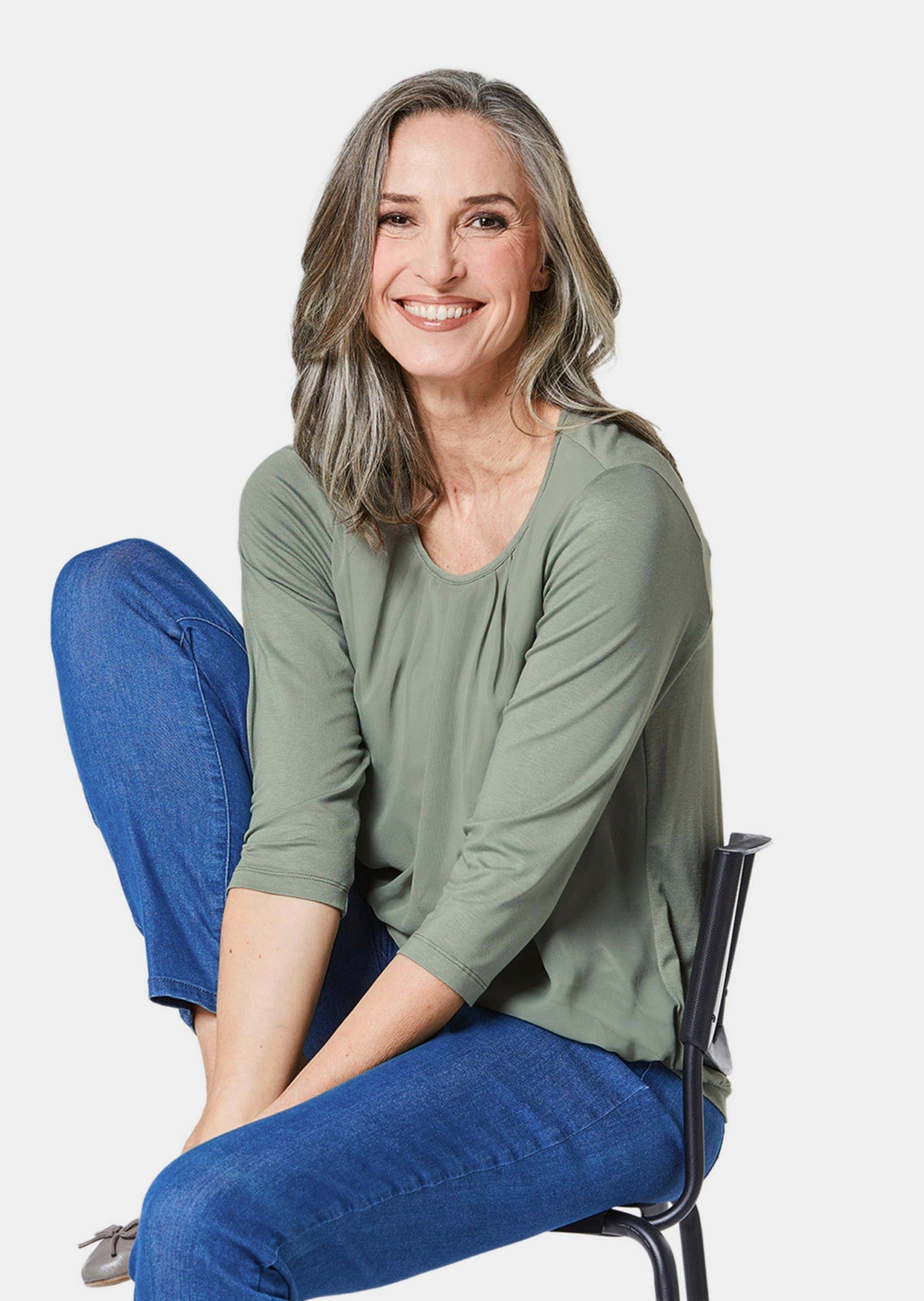 GOLDNER Shirtbluse Chiffon-Shirt mit 3/4-Arm, Rundhals Damen Sommerbluse, Halbarm, Feierlich, weich, Kunstfaser, Chiffon