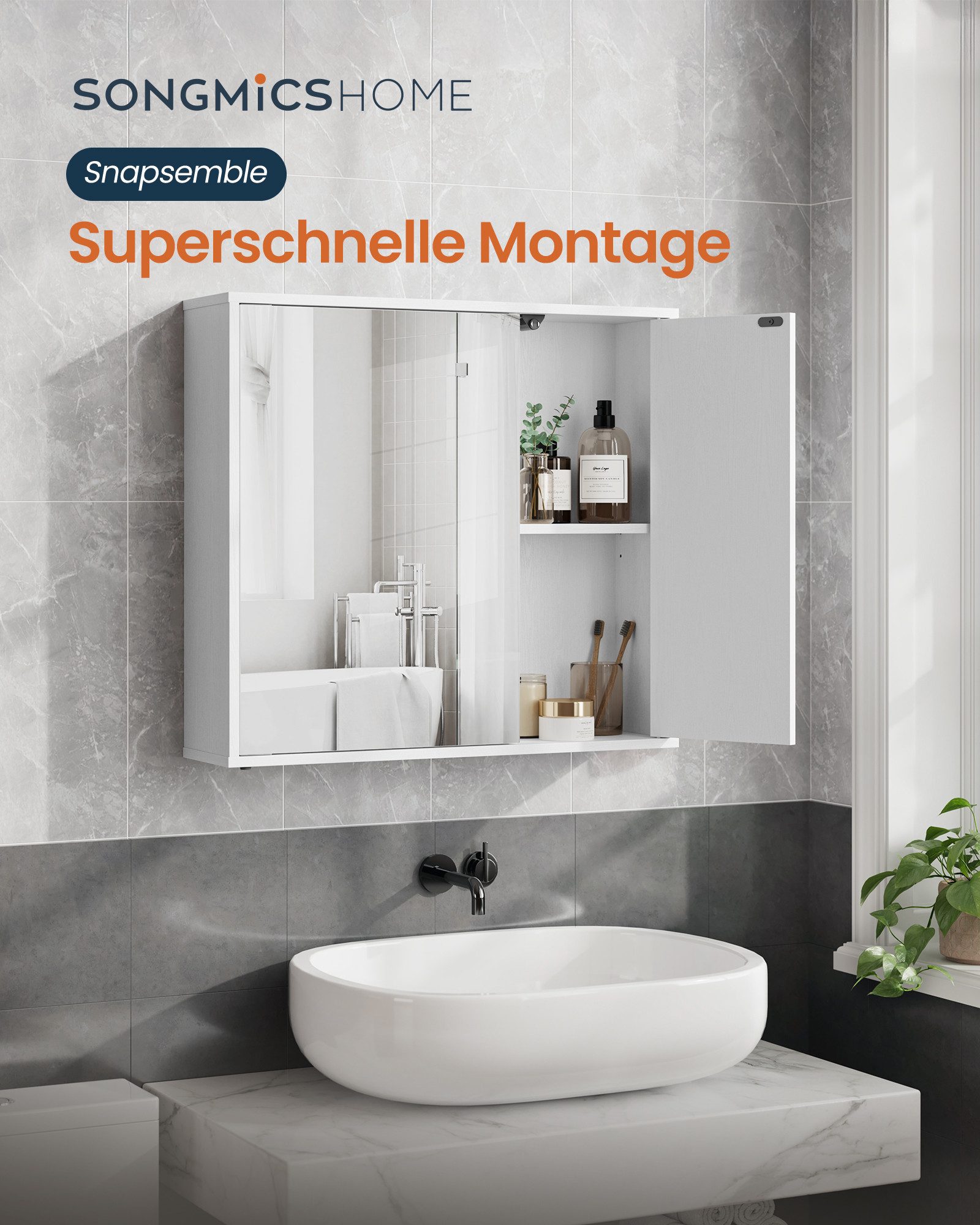 SONGMICS HOME Spiegelschrank Badezimmerschrank mit Spiegel, Snapsemble – superschnelle Montage, verstellbare Ablagen