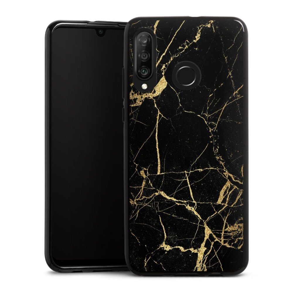 DeinDesign Handyhülle Marmor schwarz Muster BlackGoldMarble Look, Huawei P30 Lite Silikon Hülle Bumper Case Handy Schutzhülle