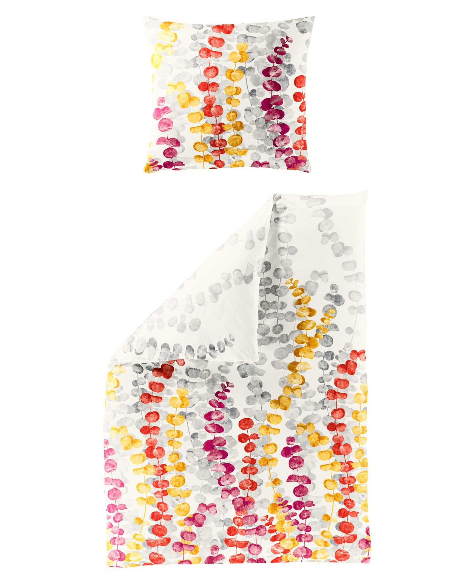 JACK Bettwäsche 135x200cm / 155x220cm Blätter Bunt Bierbaum, Mako-Satin, 2 teilig, Eukalyptus in Gelb, Rot und Pink auf hellem Hintergrund
