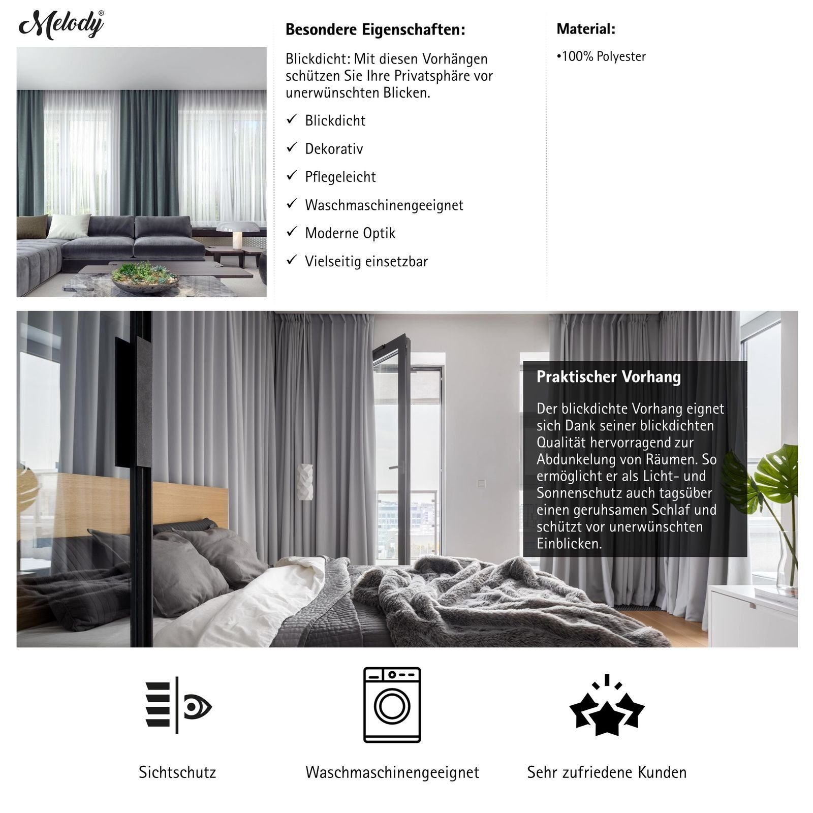 Melody Vorhang Gardine Curtain Blickdicht Sichtschutz Dekoschal (1 St), Kräuselband, blickdicht