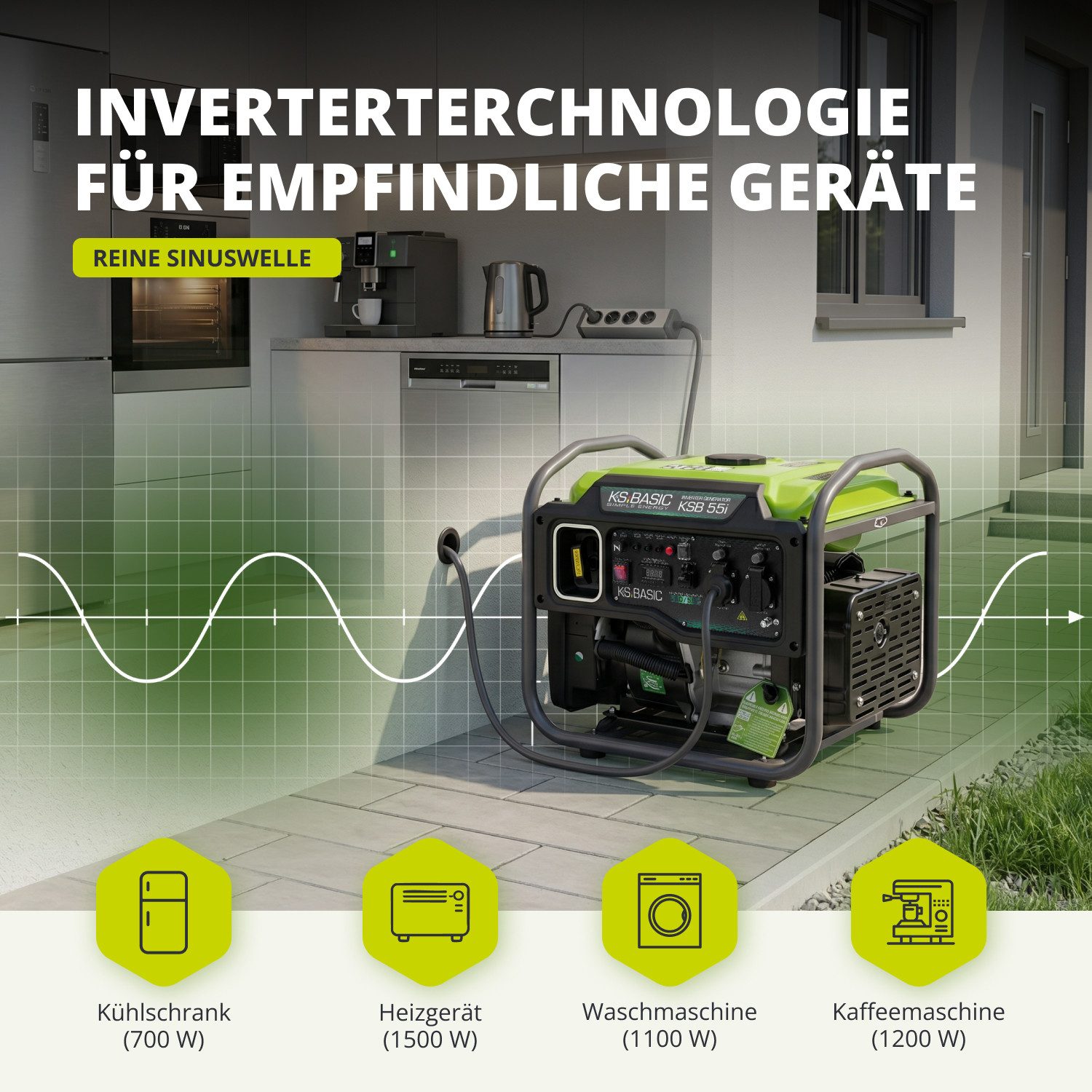 Könner & Söhnen Stromerzeuger KSB 55i, (Benzin-Inverter-Stromerzeuger, 1-tlg., mit reiner Sinuswelle, Eco-Modus, LED-Display und USB-Anschlüssen), 5000 W Nennleistung, bürstenloser Kupfer-Alternator & EURO 5 Motor