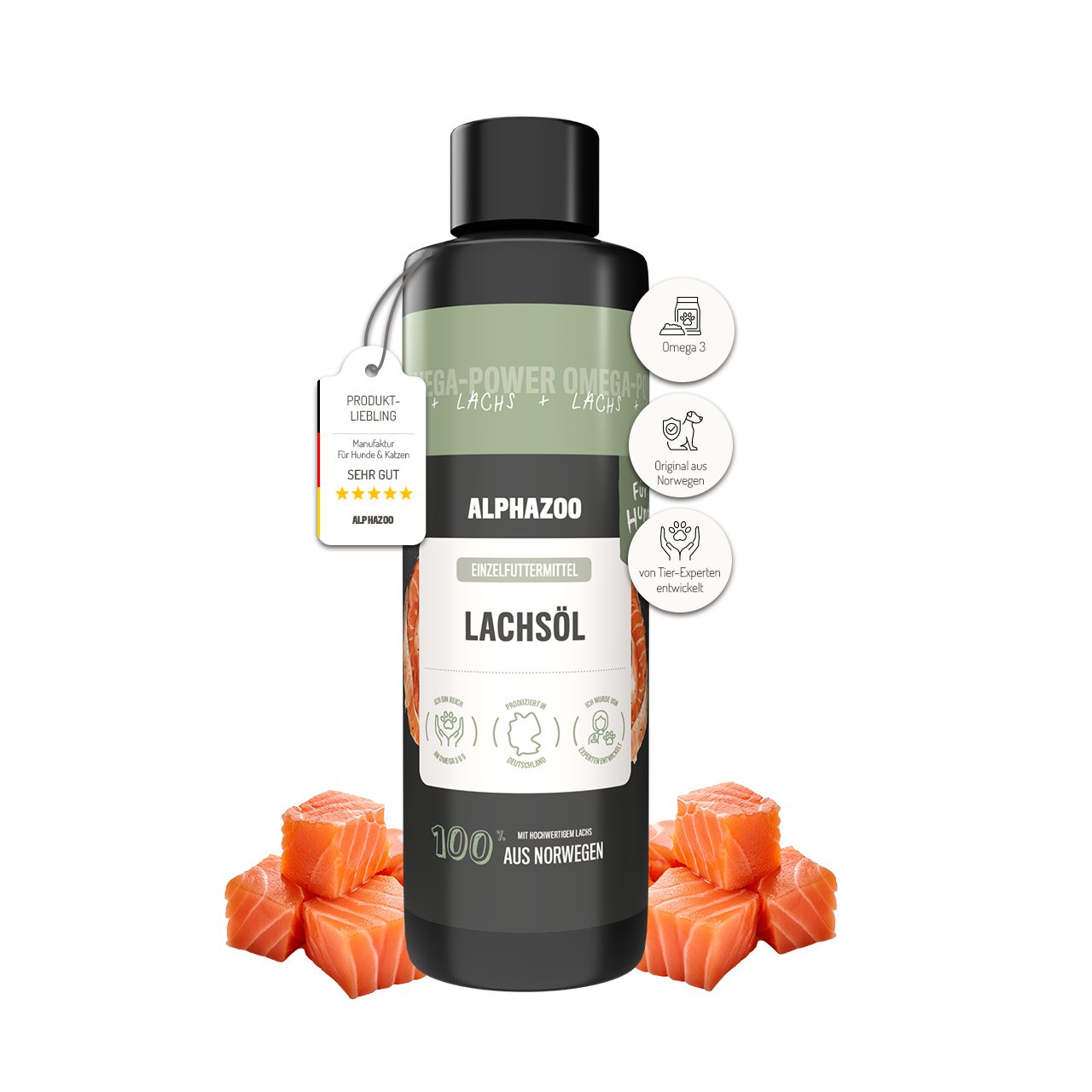 ALPHAZOO Fellpflege Premium Lachsöl I Hunde, 250 ml, Omega 3 Fettsäuren I Natürliches Fischöl I Haut und Fell