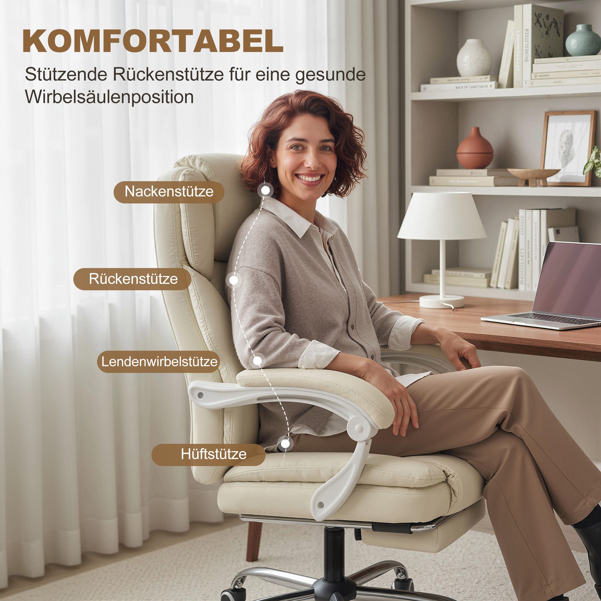 HOMCOM Schreibtischstuhl Bürostuhl, Kunstleder, gepolstert, bis 120 kg belastbar, Beige (Bürostuhl mit Liegefunktion, 1 St), höhenverstellbar Drehstuhl mit Fußs – Bild 4 von 5