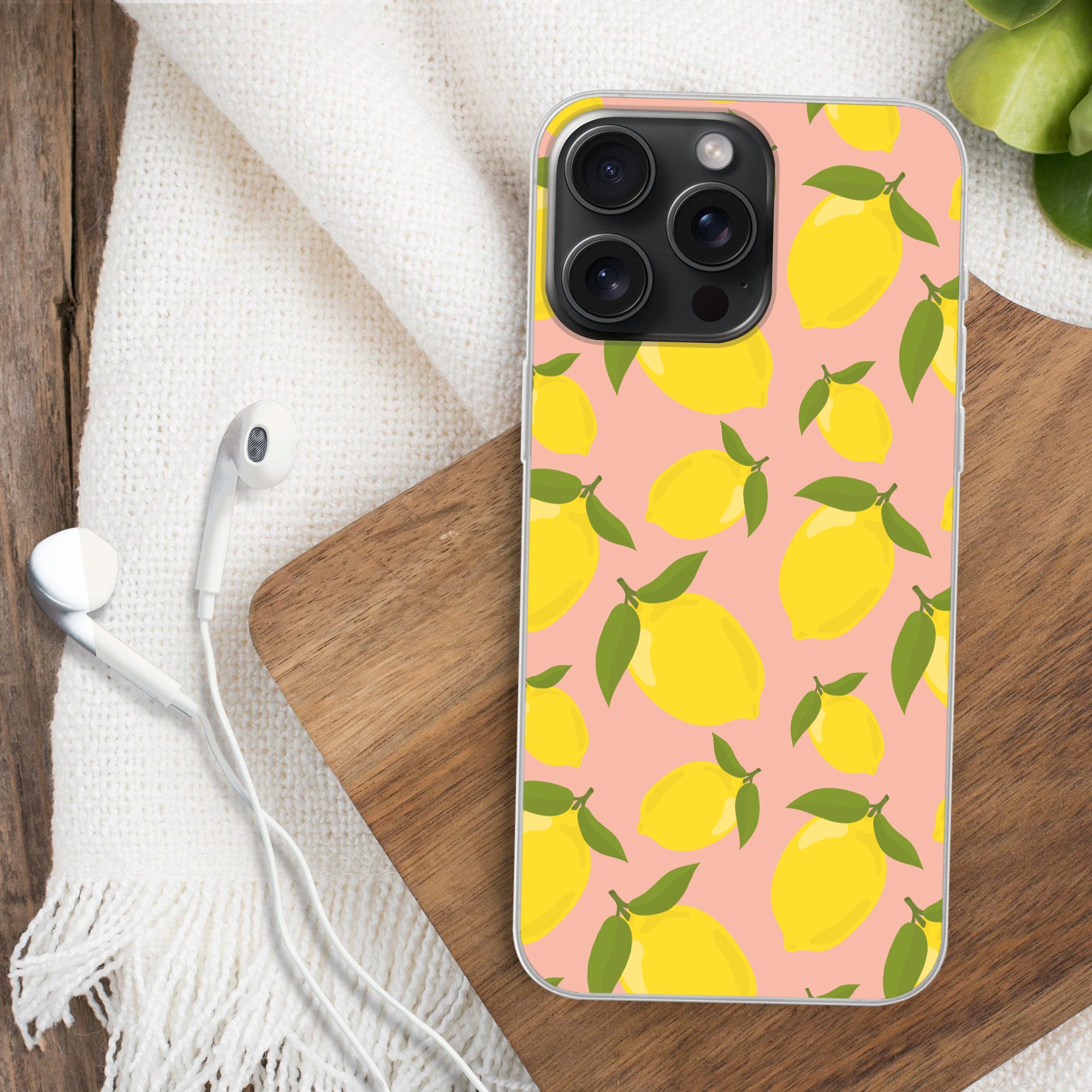 MuchoWow Handyhülle für Apple iPhone 15 Pro Max Zitronen - Gelb - Rosa - Muster - Obst, Smartphone-Bumper, Print, Handy Schutzhülle Dünn