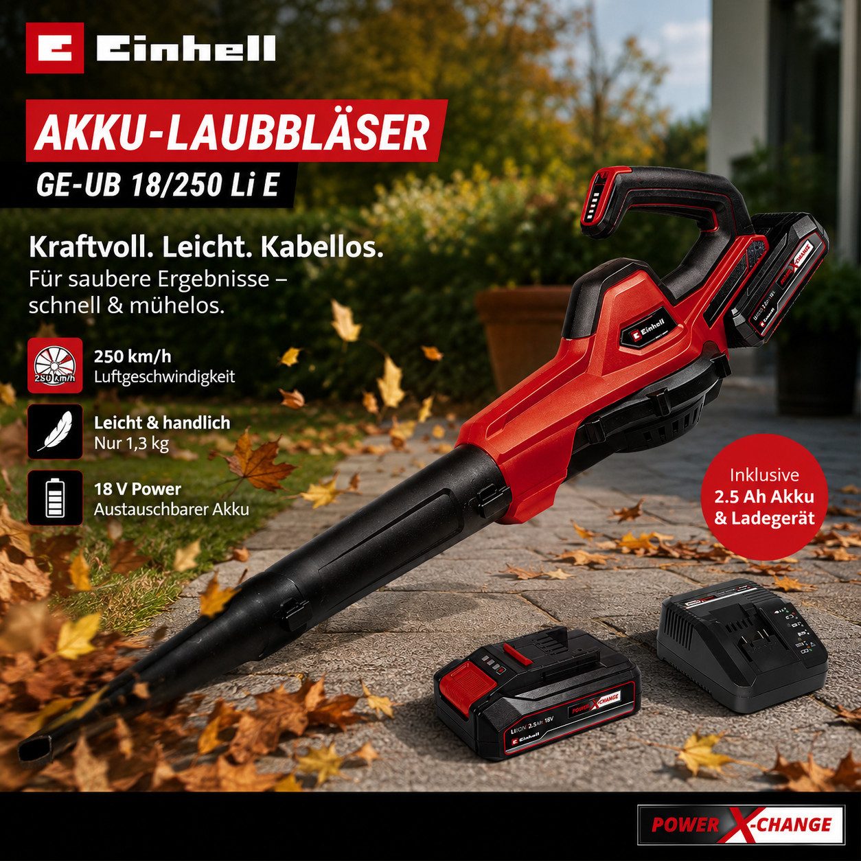 Einhell Akku-Laubbläser Universal Laubbläser GE-UB 18/250 Li E 18V mit Akku 2.5 Ah + Ladegerät – Bild 2 von 5