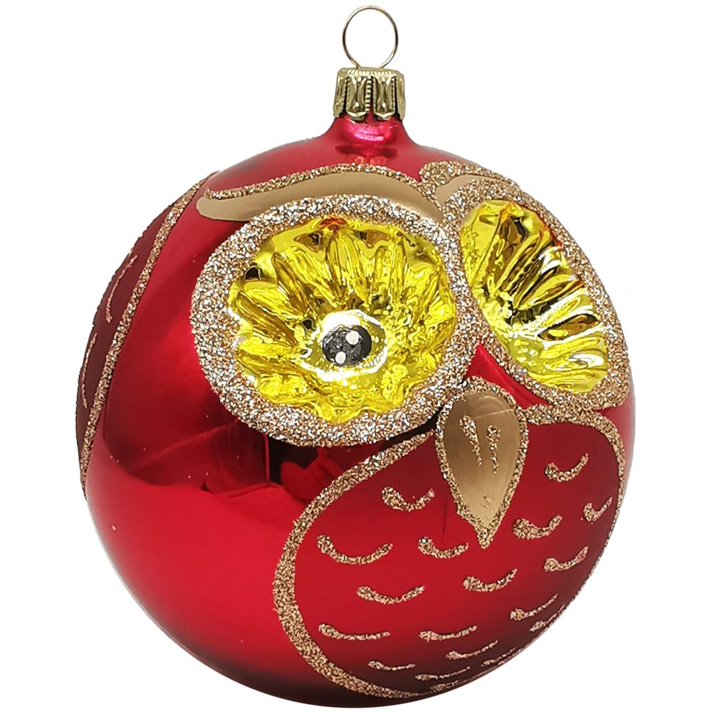 Schatzhauser Weihnachtsbaumkugel Eule Christbaumkugel Ø10cm rot glänzend (1 St), mundgeblasen, handbemalt