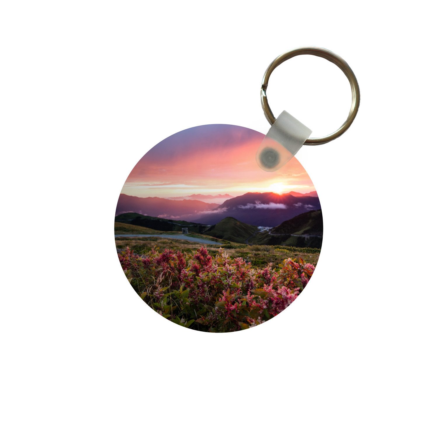 MuchoWow Schlüsselanhänger Blumen - Berge - Landschaft - Nacht - Himmel - Rosa, Rund, Geschenk für Damen / Herren / Kinder mit Schlüsselring, 5x5 cm