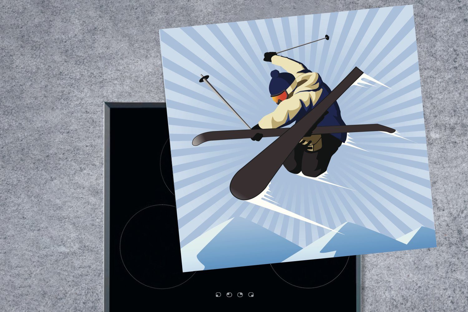 Arbeitsplatte tlg), Vinyl, in Luft der Herdblende-/Abdeckplatte cm, 78x78 MuchoWow Trick Skifahrer Illustration, einen für Ceranfeldabdeckung, macht einer (1 Ein küche
