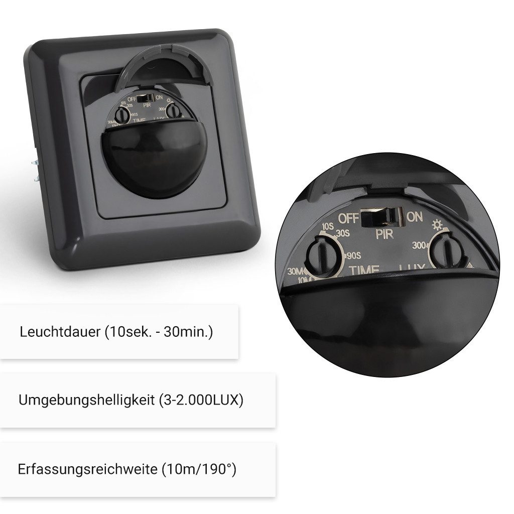 SEBSON Bewegungsmelder Infrarot Sensor Unterputz Wand - programmierbar Reichweite 10m 190°, (1-St), Einbauloch 60x49x32mm, LED geeignet 1.000W, IP20, 230V, 3 Draht