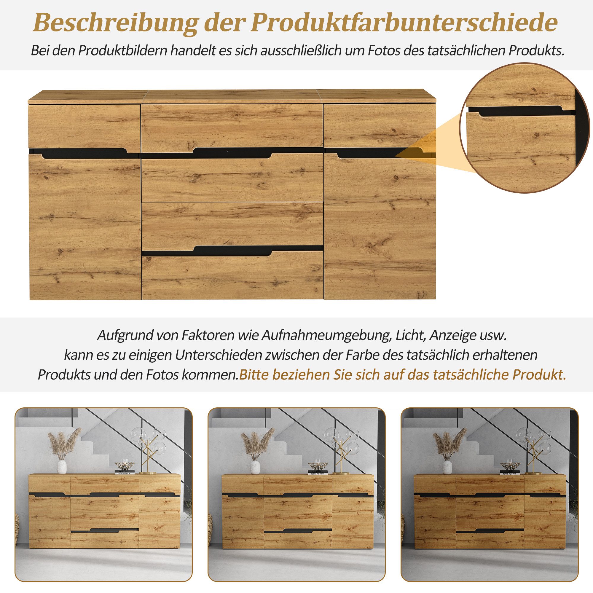 Merax Sideboard in Holzoptik und Schwarz, moderner Esszimmer- & Beistellschrank (1 St), Kommode mit 2 Türen und 4 Schubladen, Wohnzimmerschrank, 160x40x80cm – Bild 4 von 5