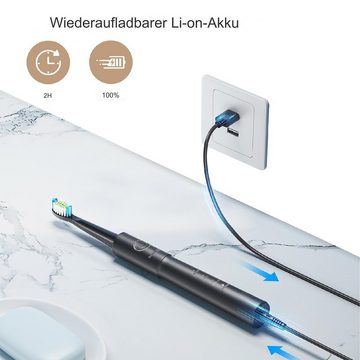 Bitvae Elektrische Zahnbürste E11, Aufsteckbürsten: 8 St., Wiederaufladbare USB-Zahnbürste mit Timer, 5 Modi, Ultraschall-Elektrozahnbürste mit Tragetasch