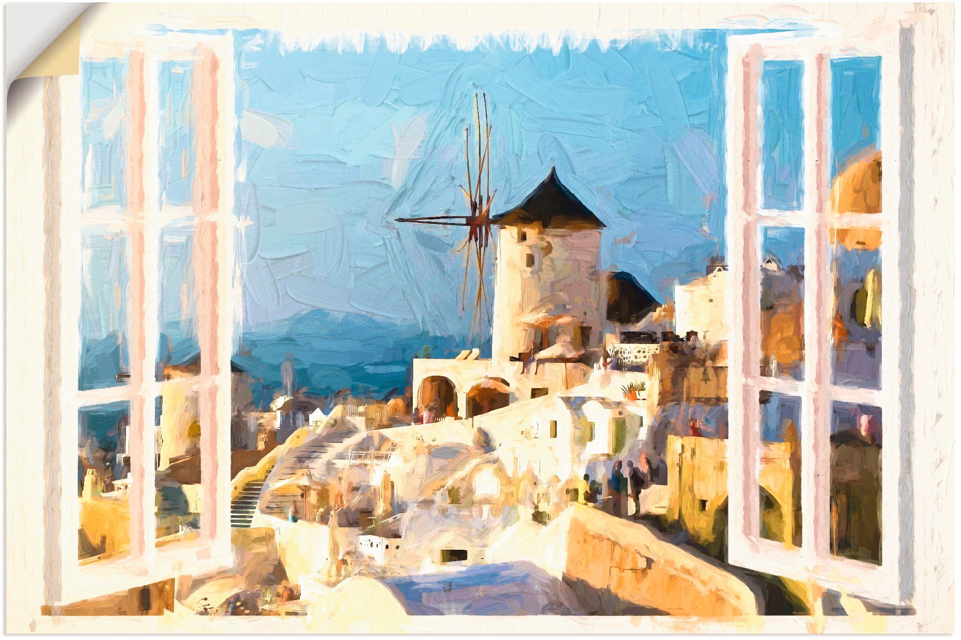 Artland Wandbild Blick durch das Fenster auf Santorin, Fensterblick (1 St), als Leinwandbild, Wandaufkleber oder Poster in versch. Größen