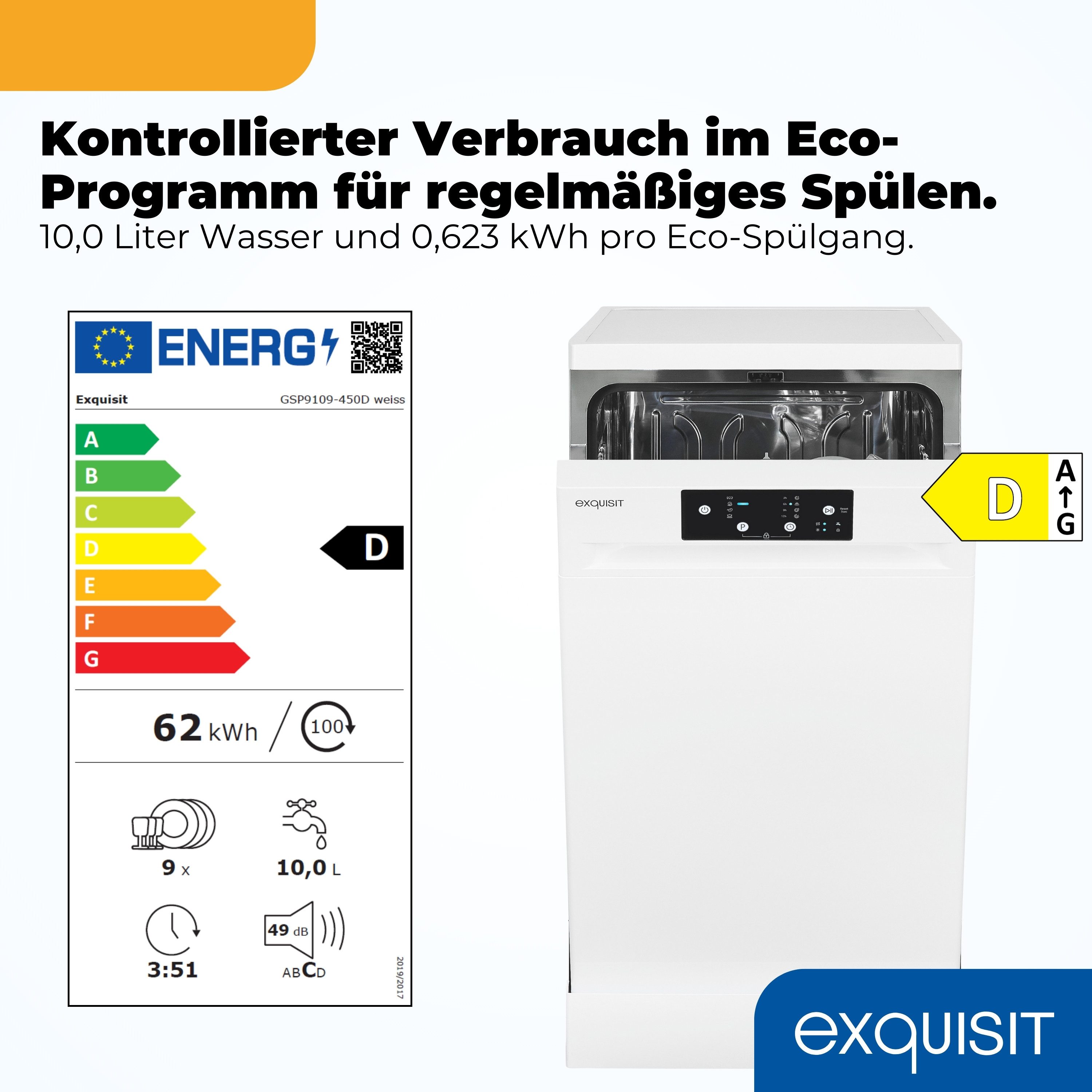 exquisit Standgeschirrspüler GSP9109-450D, 9 Maßgedecke, Edelstahl Innenbehälter, Energieklasse D, 49 dB Geräuschklasse C
