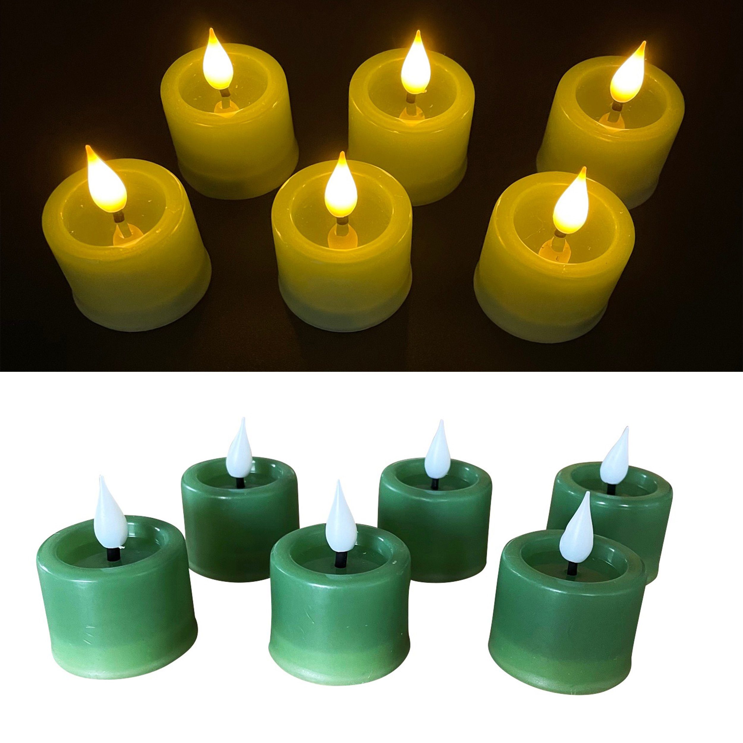 Online-Fuchs LED-Kerze als 6er Set Teelichter mit Flamme, GRÜN 191 (mit Echtwachs überzogen, spiegelnde Flamme), Maße: 4 x 3 cm, Fernbedienung, 6-Stunden-Timer