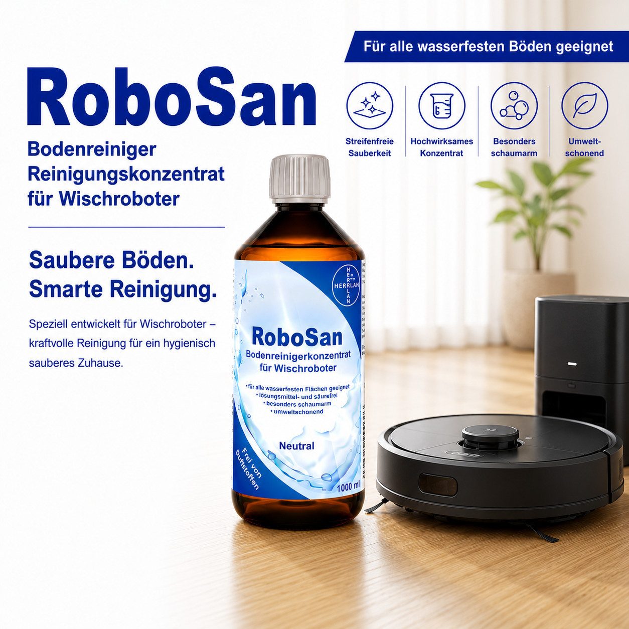 HERRLAN Wischroboter Bodenreiniger - Konzentrat Fussbodenreiniger (1000 ml RoboSan mit Bergfrühling-Duft)