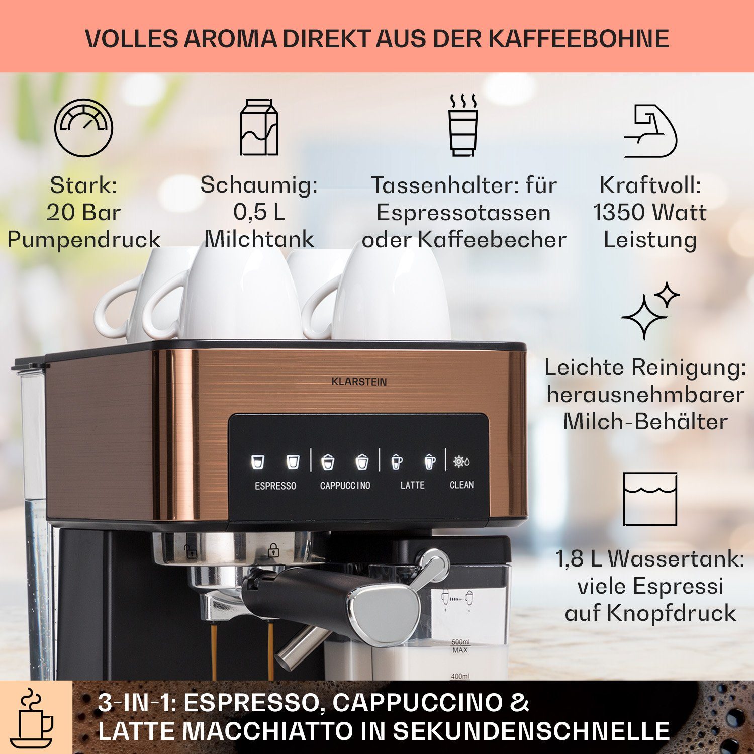 Klarstein Filterkaffeemaschine Arabica Comfort Siebträgermaschine 1350 W 20 Bar 1,8 L Touch, 1.8l Kaffeekanne, Kaffeebereiter Siebträger mit Milchschäumer & 20 bar