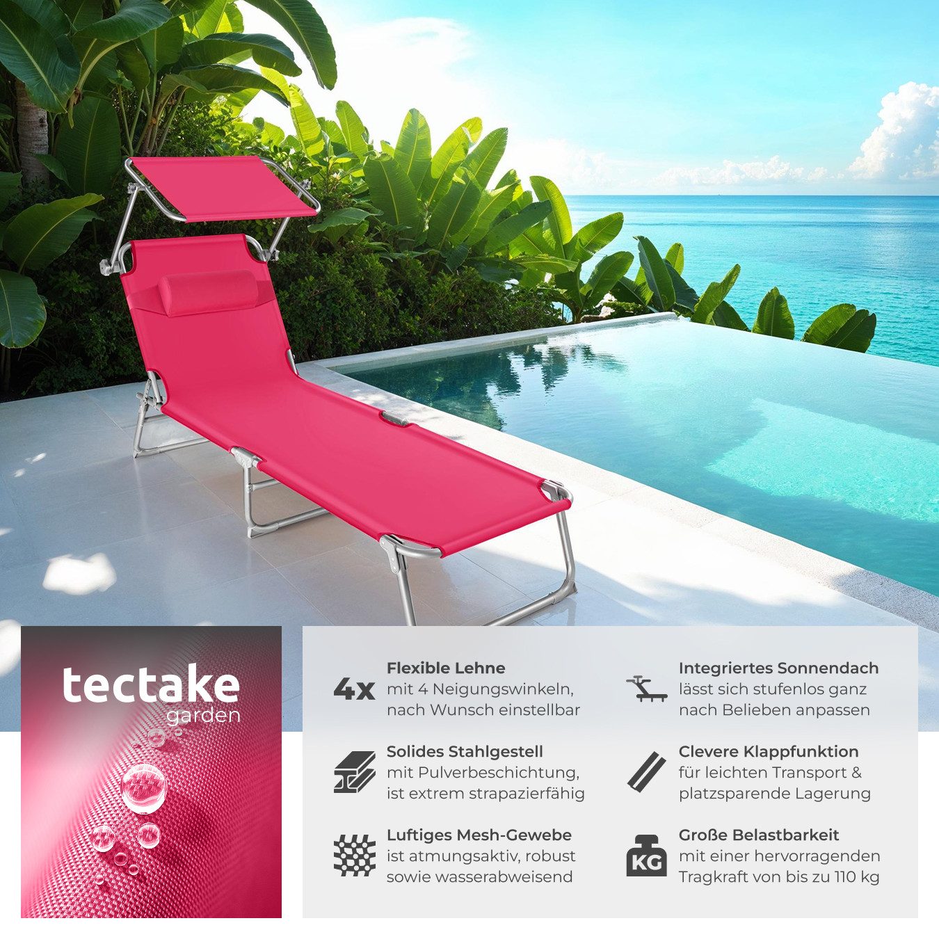 tectake Gartenliege Sonnenliege 4-stufig mit Kopfpolster, günstig online kaufen
