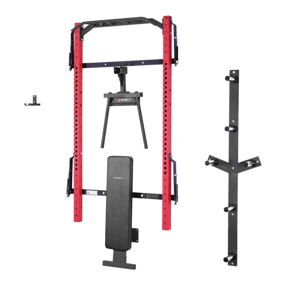 HMS Half Rack Kraftstation Klimmzugstation Trainingsbank, (Spar-Set, 1-tlg., 230 x 142 cm klappbar), klappbar, wandmontiert, platzsparend, Klimmzugstange