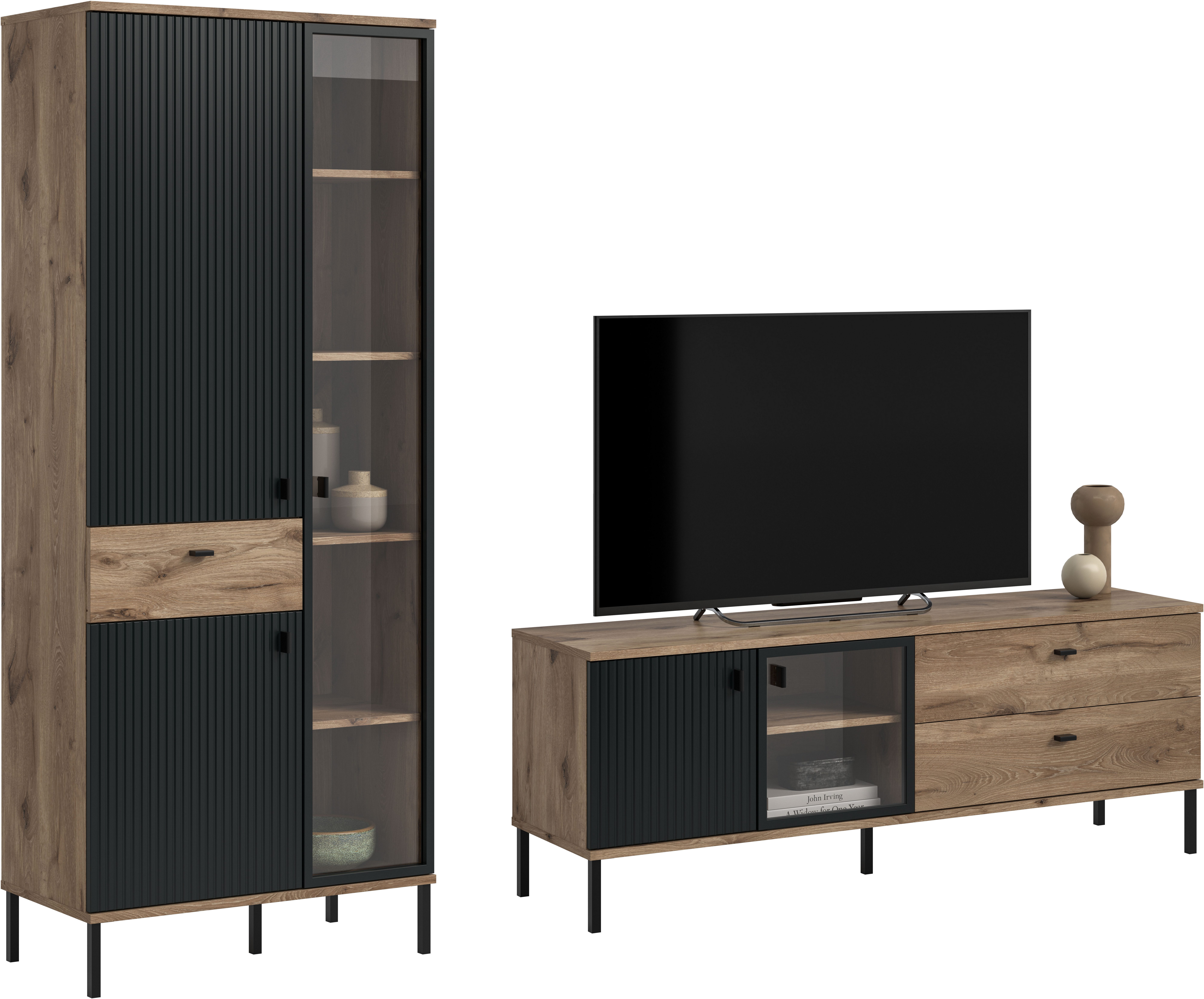 INOSIGN Wohnwand TREVERK, Breite: 252 cm, hochwertige MDF-Front schwarz tiefzieh, (Set, 2-St., Set, best. aus: 1 Stauraumvitrine, 1 Lowboard), Wohnkombination, Wohn-Kombi, Wohnzimmer, Kombi