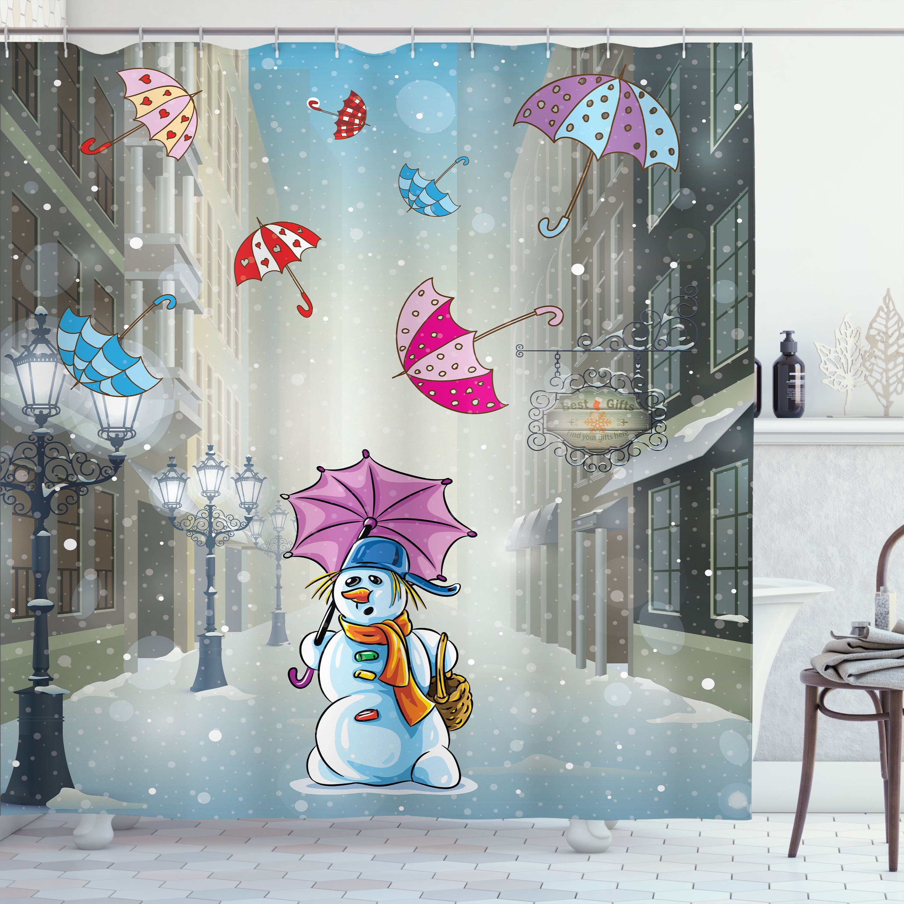 Abakuhaus Duschvorhang Moderner Digitaldruck mit 12 Haken auf Stoff Wasser  Resistent Breite 175 cm, Höhe 180 cm, Winter CartoonSnowman und Regenschirm