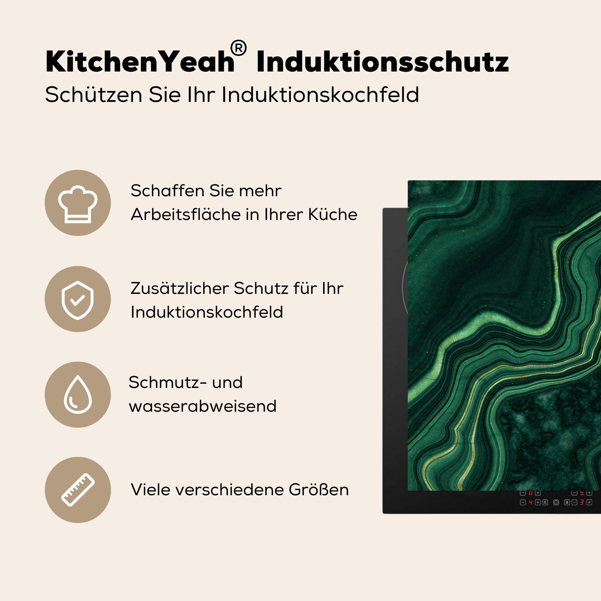 Induktionskochfeld Marmor die Herdblende-/Abdeckplatte küche, cm, - 81x52 MuchoWow Schwarz tlg), Ceranfeldabdeckung (1 Schutz Vinyl, - Gold, für
