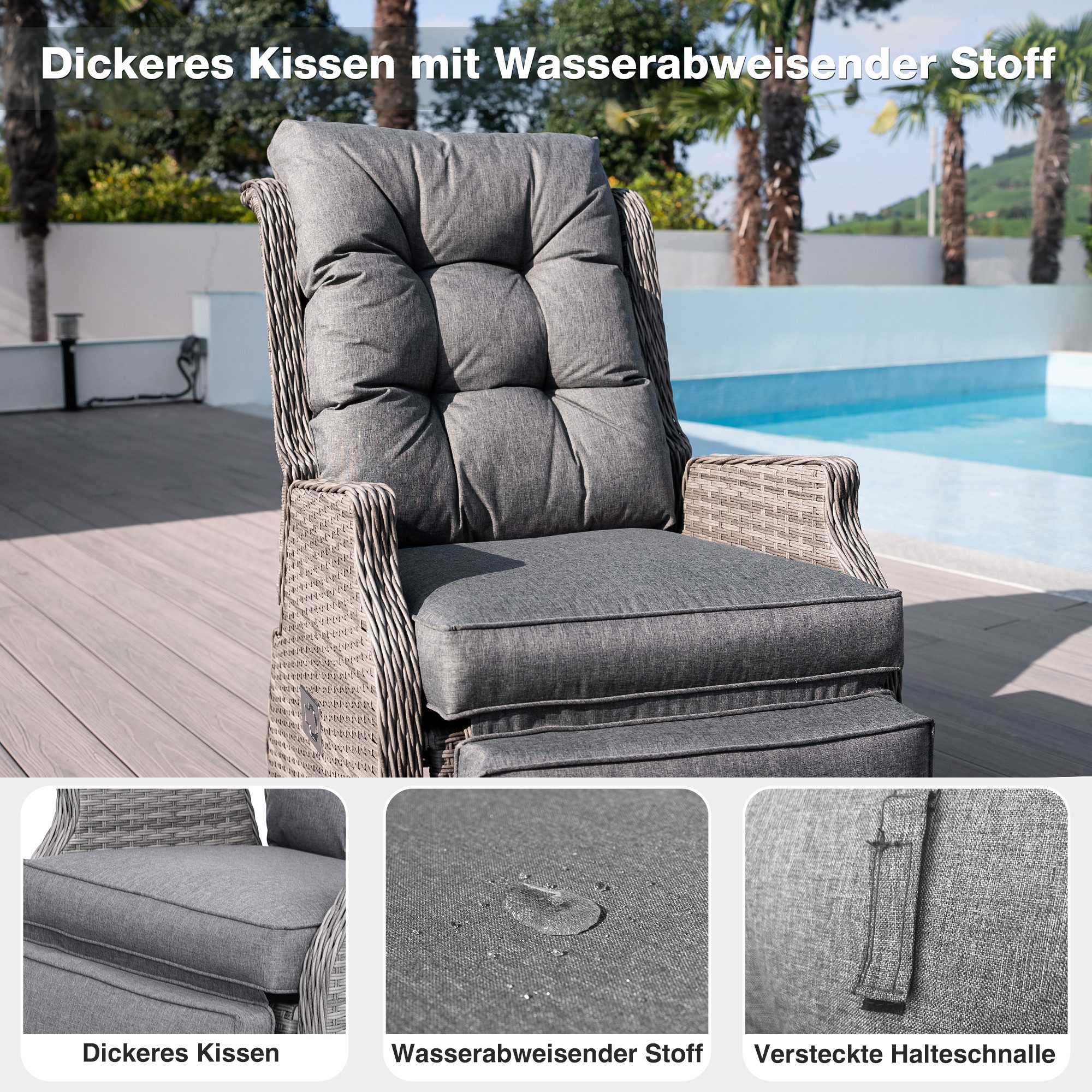 HOMECALL Rattanstuhl Gartensessel Indoor Verstellbar Liegestuhl Gartenliege balkonliege (Wetterfester Rahmen, klappbarem Beistelltisch und Fußstütze, 1 St), COM – Bild 5 von 5