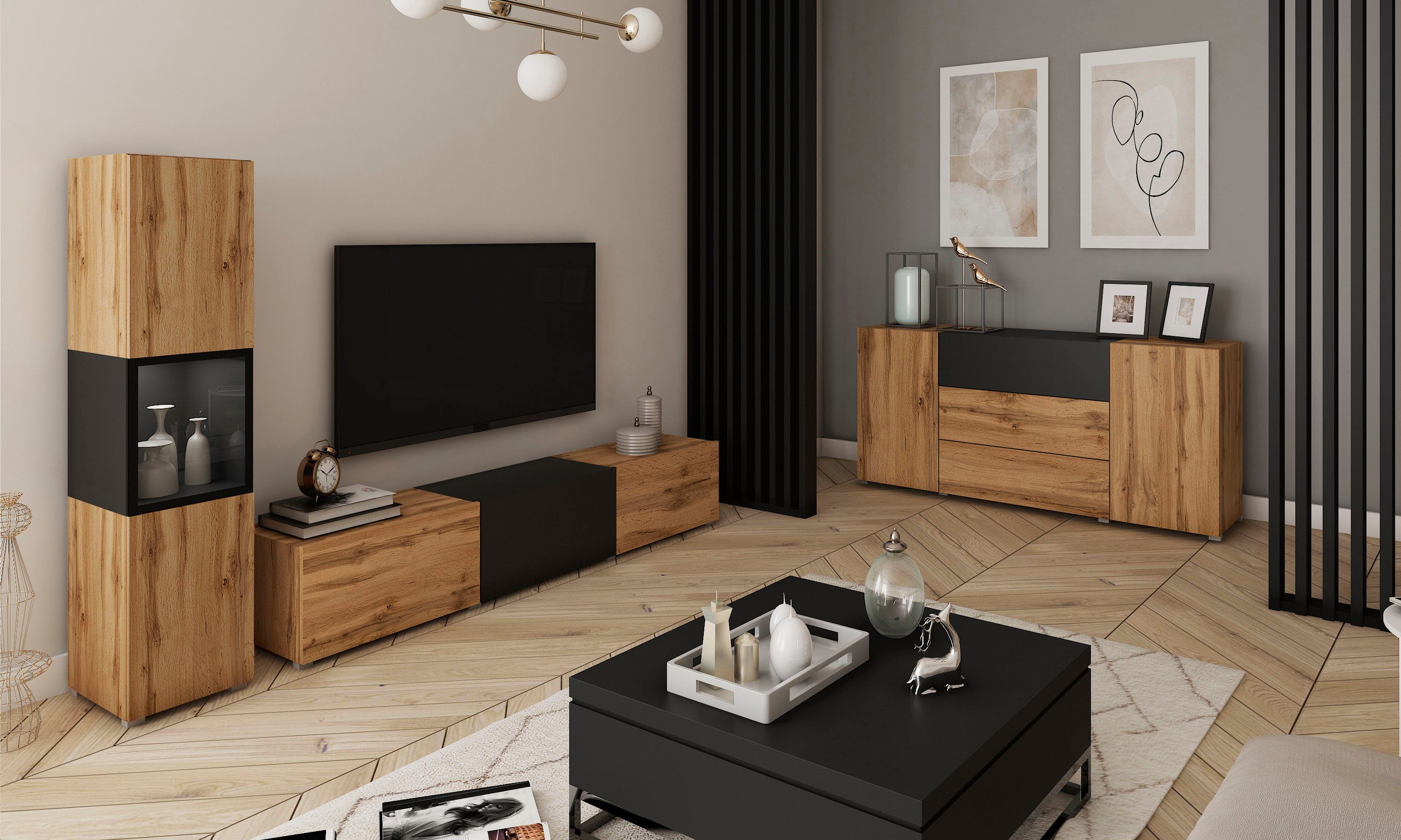 Home affaire Wohnwand BERLIN I, Vitrine Türschlag links/rechts wechselbar, (Komplett-Set, 2-St), moderne grifflose Mediawand Breite 220 cm, Vitrine mit Verglasung