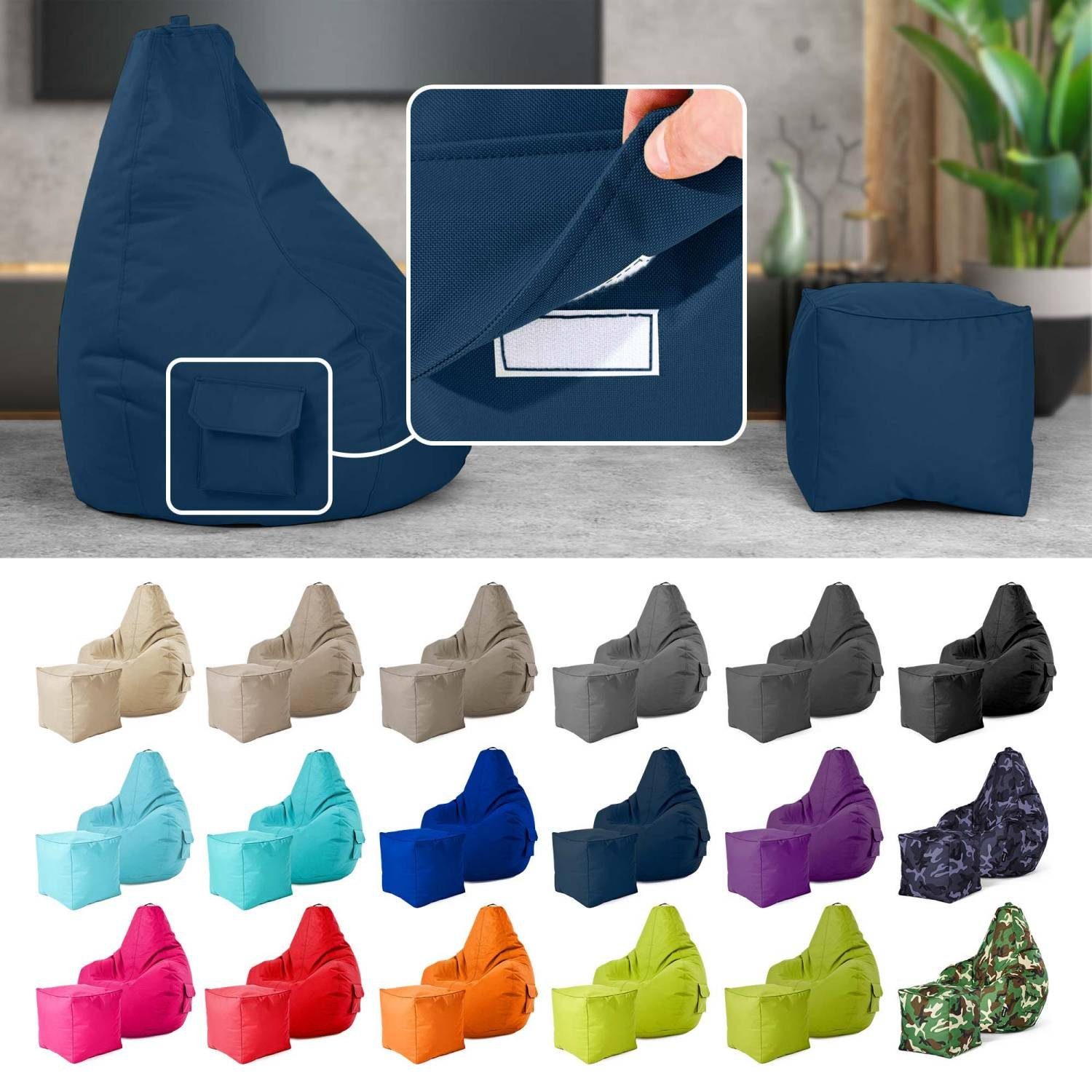 Green Bean Sitzsack Gaming Sitzsack + Hocker Cozy+Cube (2er Set Sitzsack + Hocker - fertig befüllt - robust waschbar schmutzabweisend -, Kinder & Erwachsene Bean Bag Bodenkissen), Lounge Sitzhocker Relax-Sessel Gamer Gamingstuhl Pouf